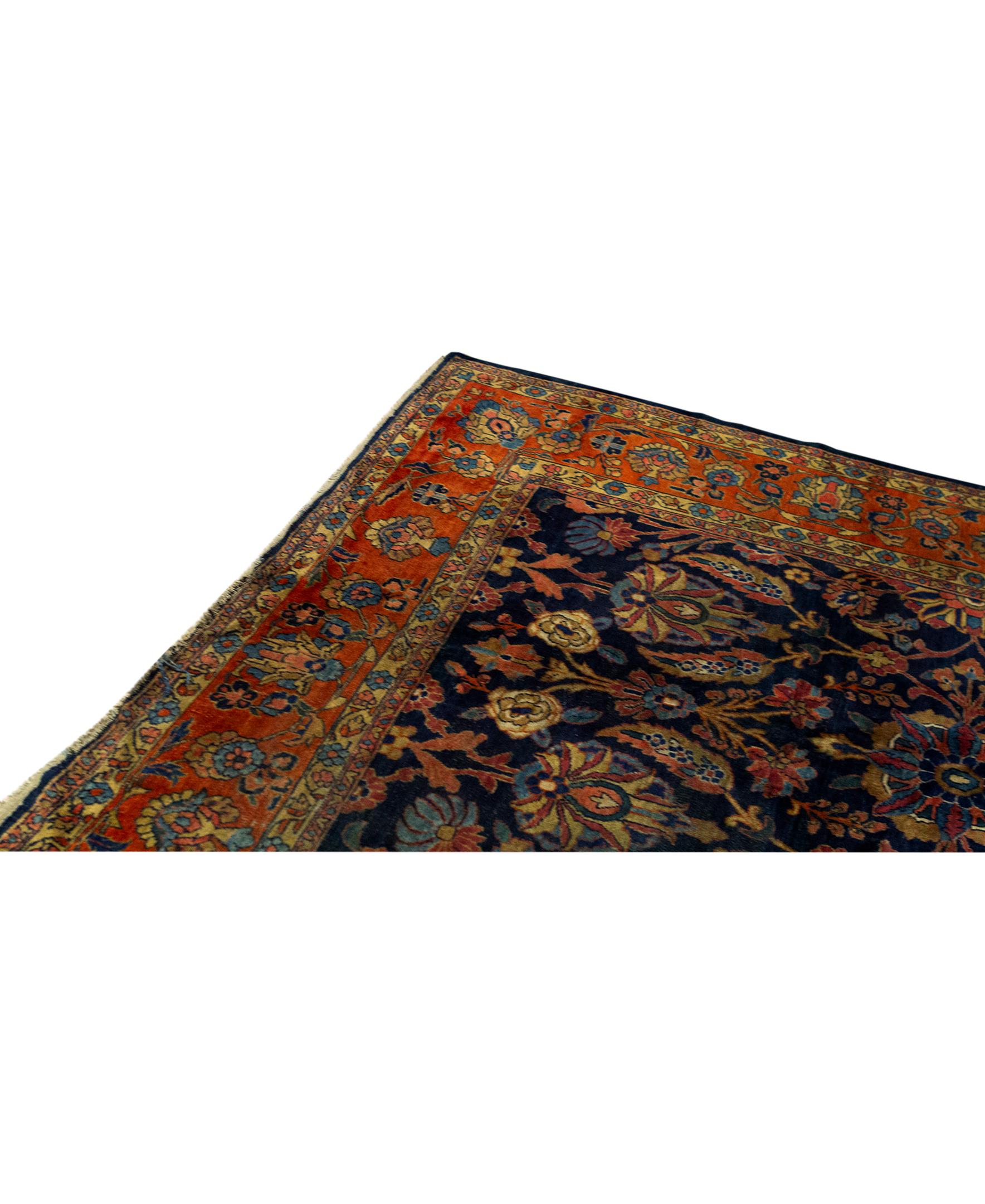 Hand-Woven   Antique Persian Fine Traditional Handwoven Luxury Wool Navy / Rust Rug For Sale