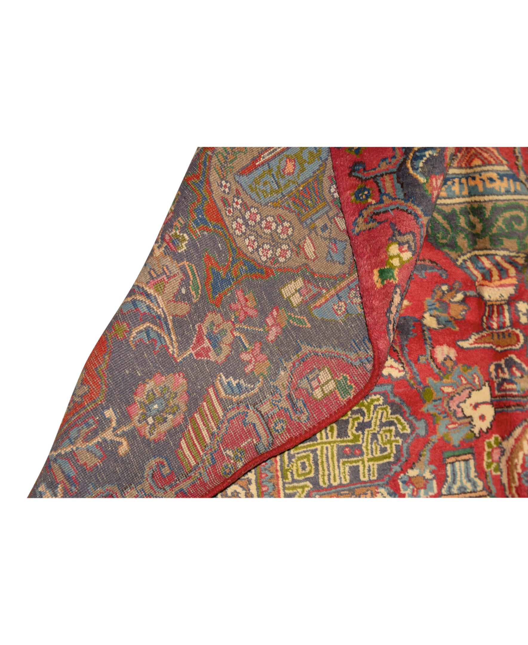 Perse Ancien tapis persan traditionnel tissé à la main de luxe en laine rouge/bleu marine en vente