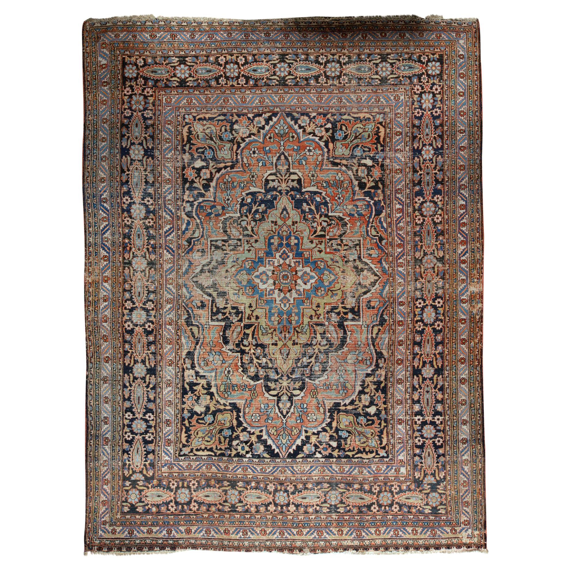  Antique Persian fine Traditional Handwoven Luxury Wool Navy Rug For Sale