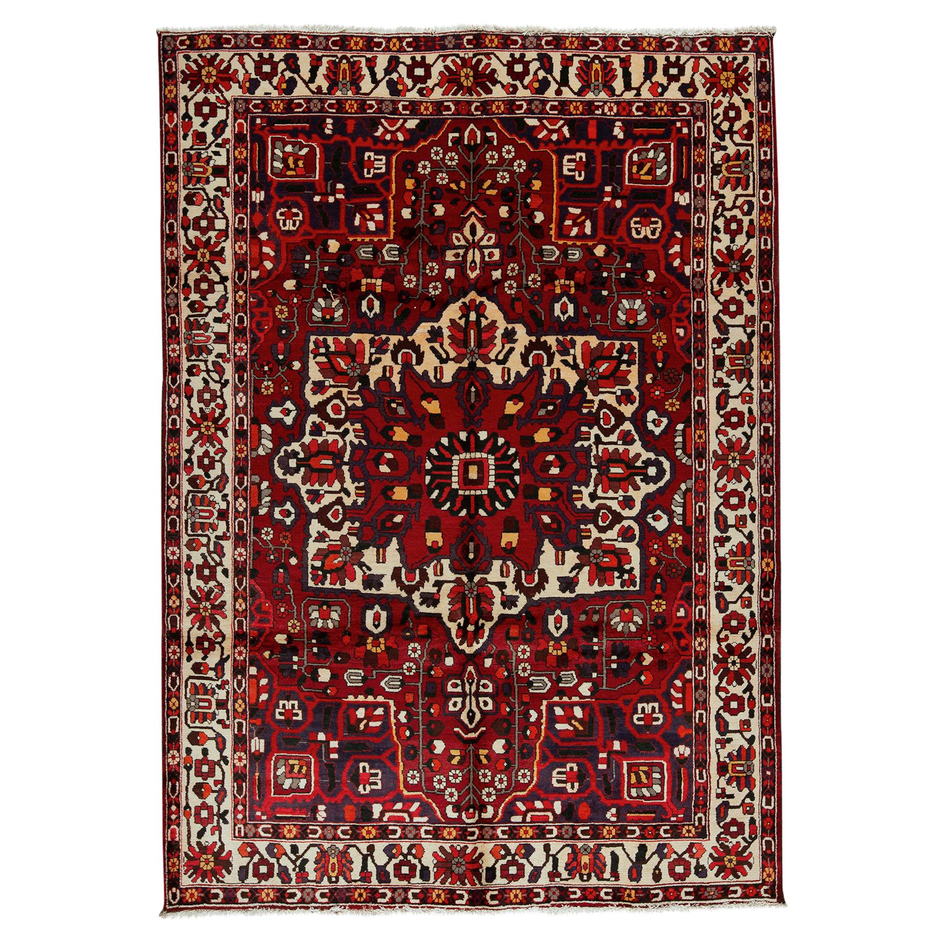  Antique Persian fine Traditional Handwoven Luxury Wool Red / Ivory Rug For Sale