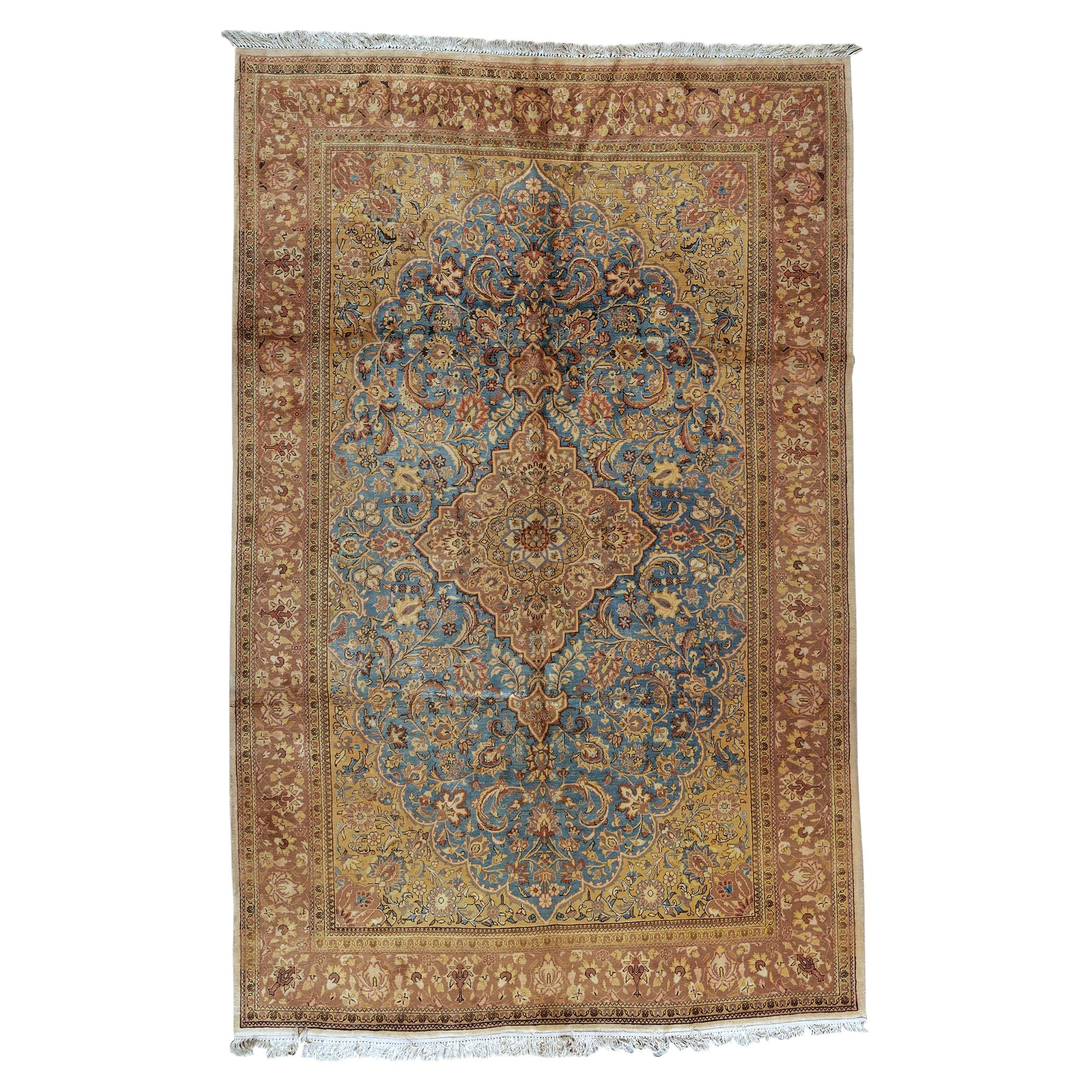  Antique Persian fine Traditional Handwoven Luxury Wool Blue / Gold Rug For Sale