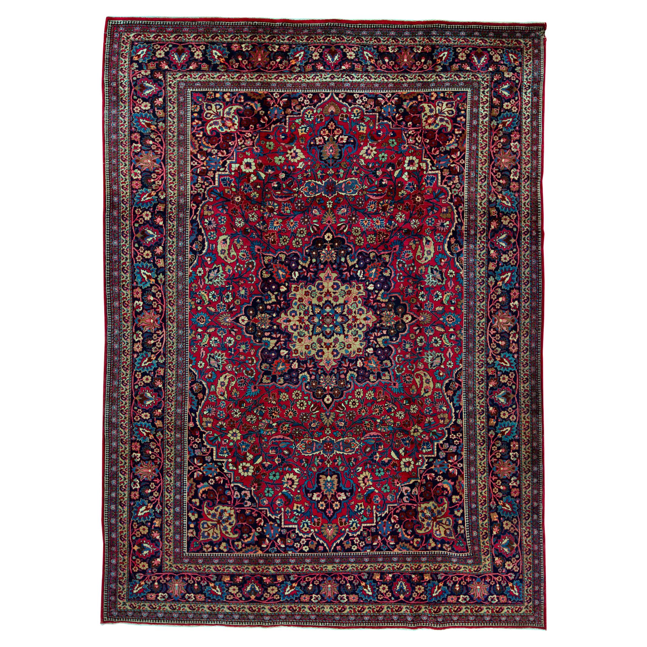  Antique Persian fine Traditional Handwoven Luxury Wool Red / Navy Rug For Sale