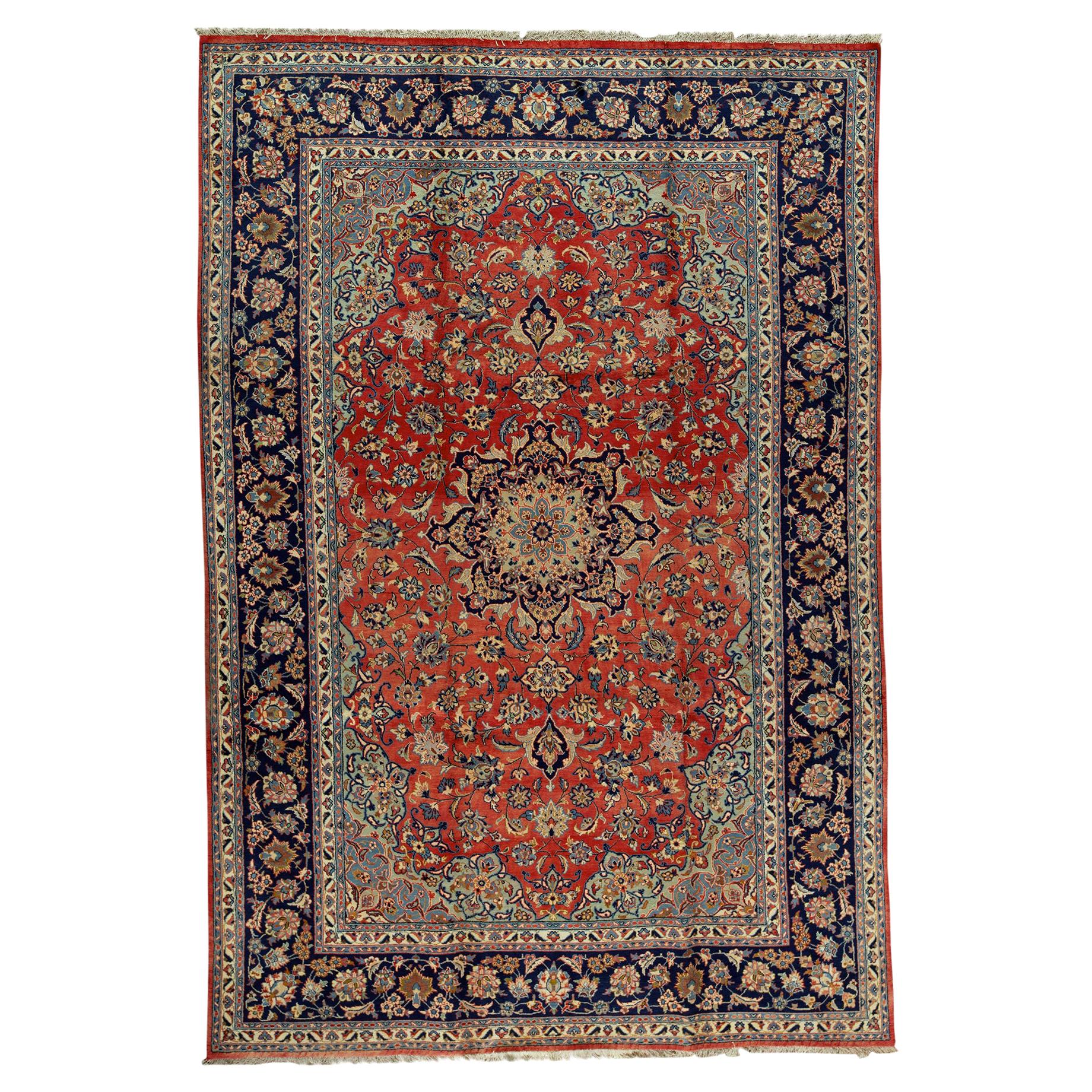 Antique Persian fine Traditional Handwoven Luxury Wool Rust / Navy Rug For Sale
