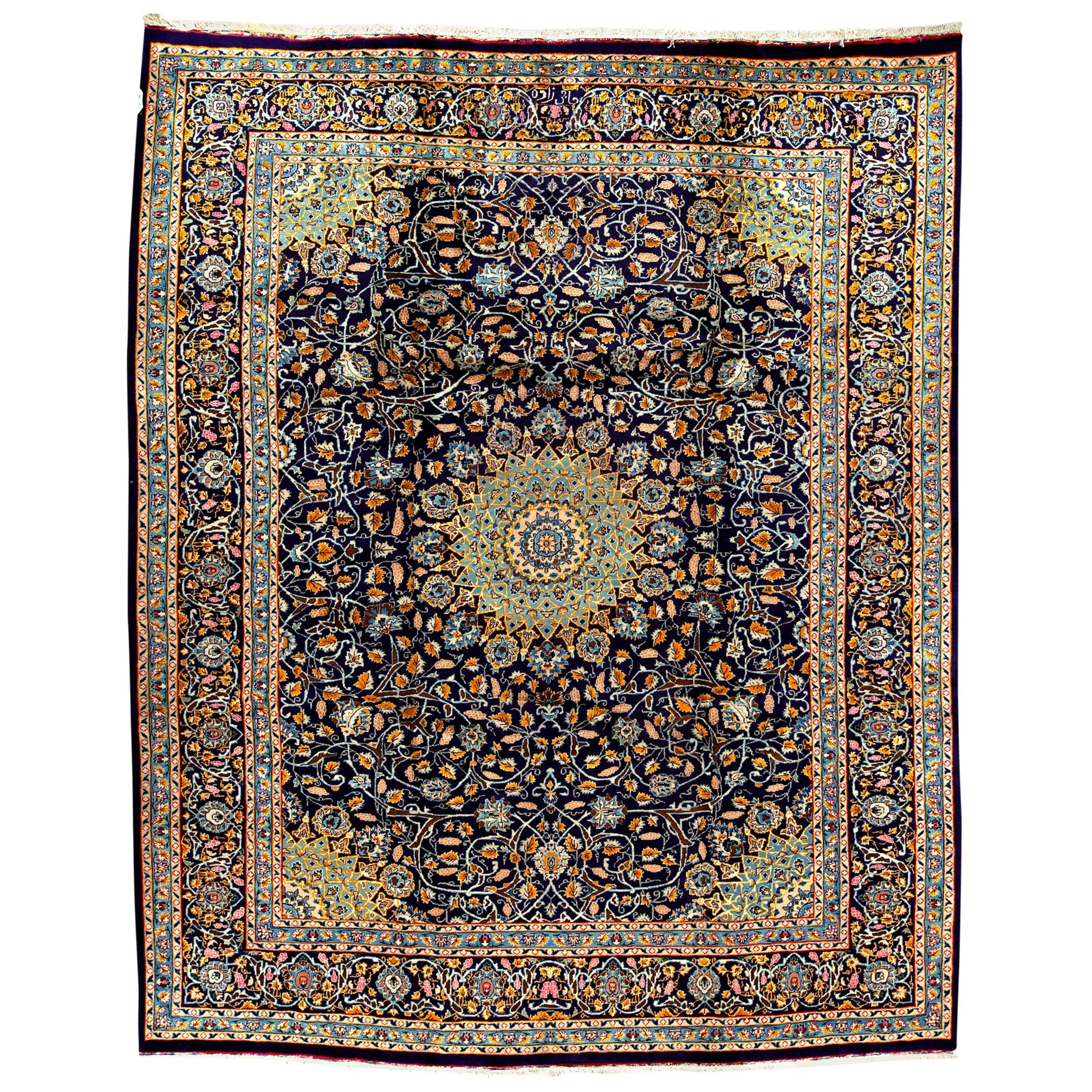   Antique Persian fine Traditional Handwoven Luxury Wool Navy Rug For Sale