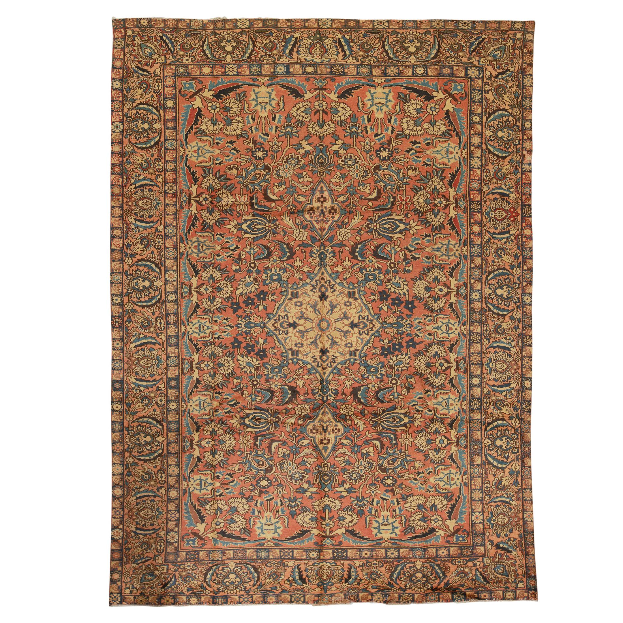   Antique Persian Fine Traditional Handwoven Luxury Wool Rust / Peach Rug For Sale