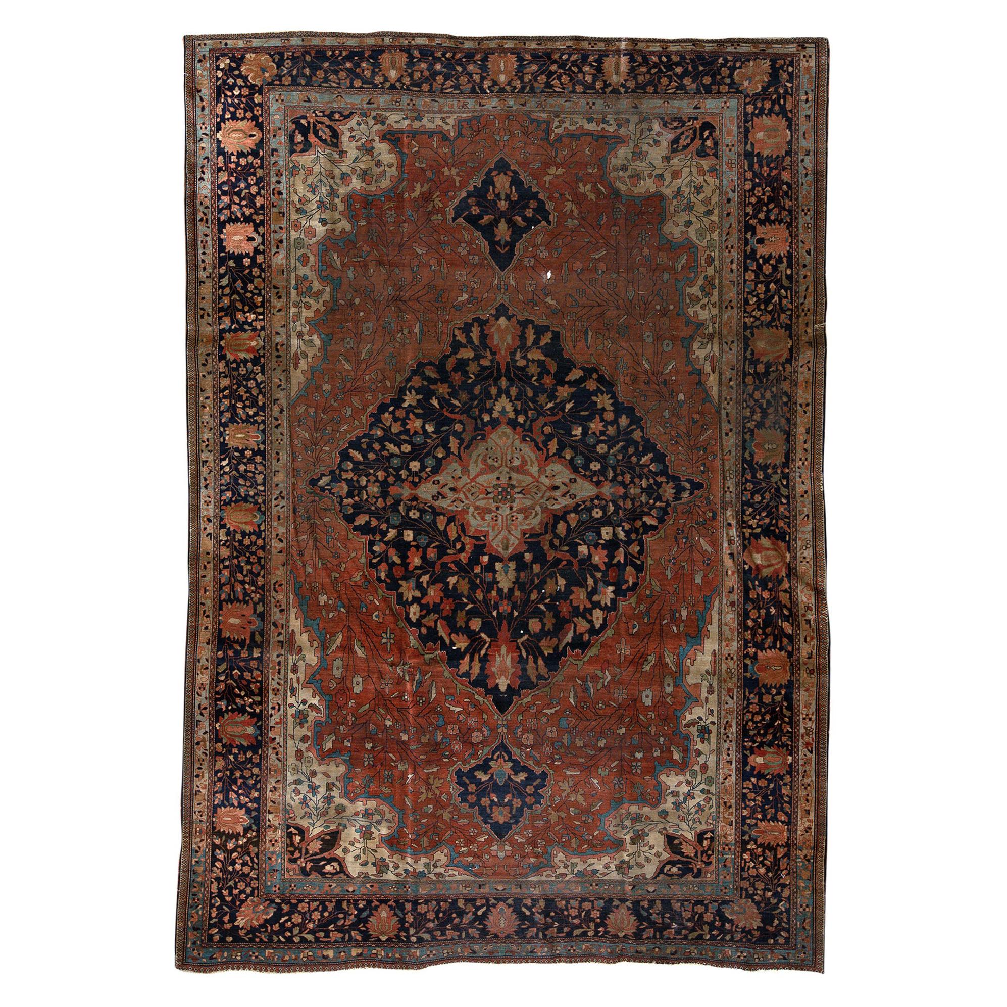   Ancien tapis persan traditionnel tissé à la main de luxe en laine rouille/bleu marine en vente