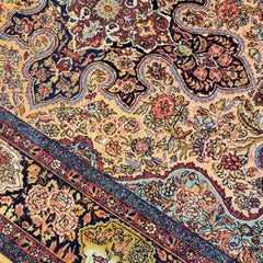 Antique Persian Fine Handwoven Luxury Kashan Wool Gold / Navy Rug 4'-6" x 6'-10"