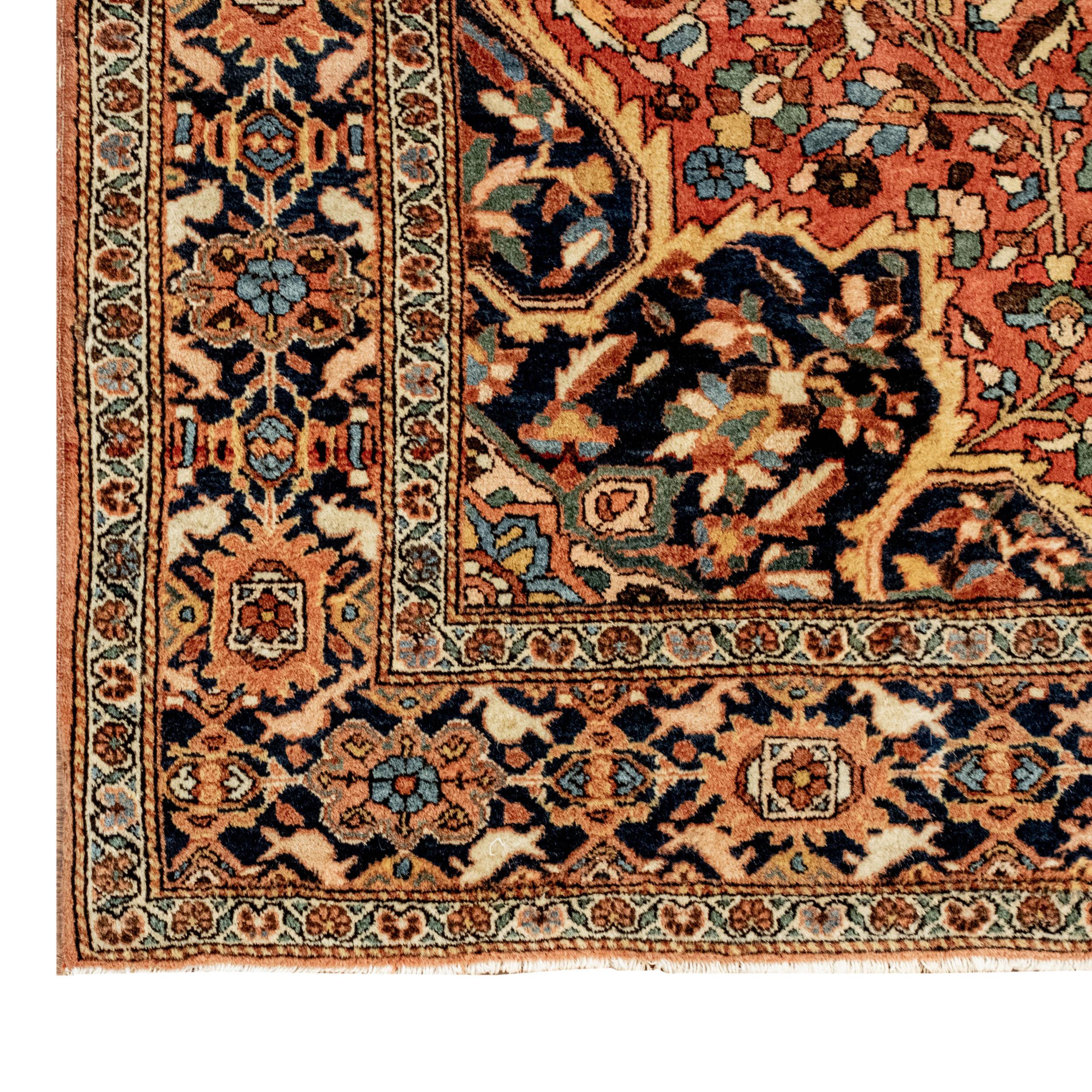 This exquisite antique Persian rug is a testament to fine craftsmanship, featuring traditional handwoven techniques. Crafted from luxurious wool, the rug showcases a captivating blend of rust and navy colors. With dimensions of 4 feet by 6 feet and