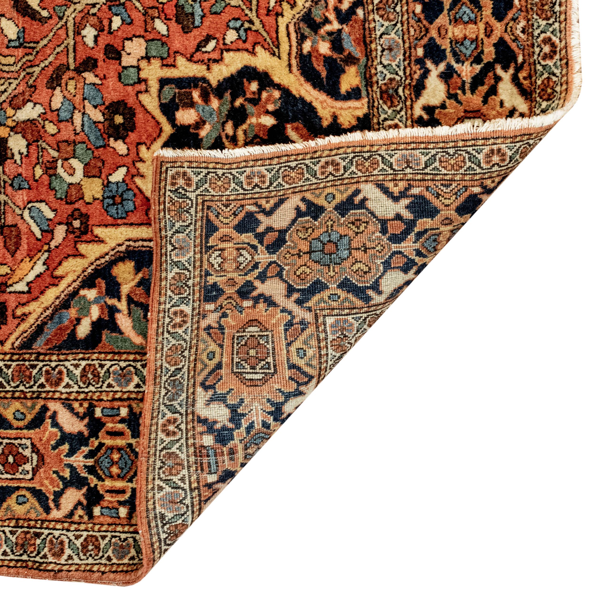 Kashan Antique Persian Fine Handwoven Luxury Sarouk Wool Rust / Navy Rug 4' x 6'-8