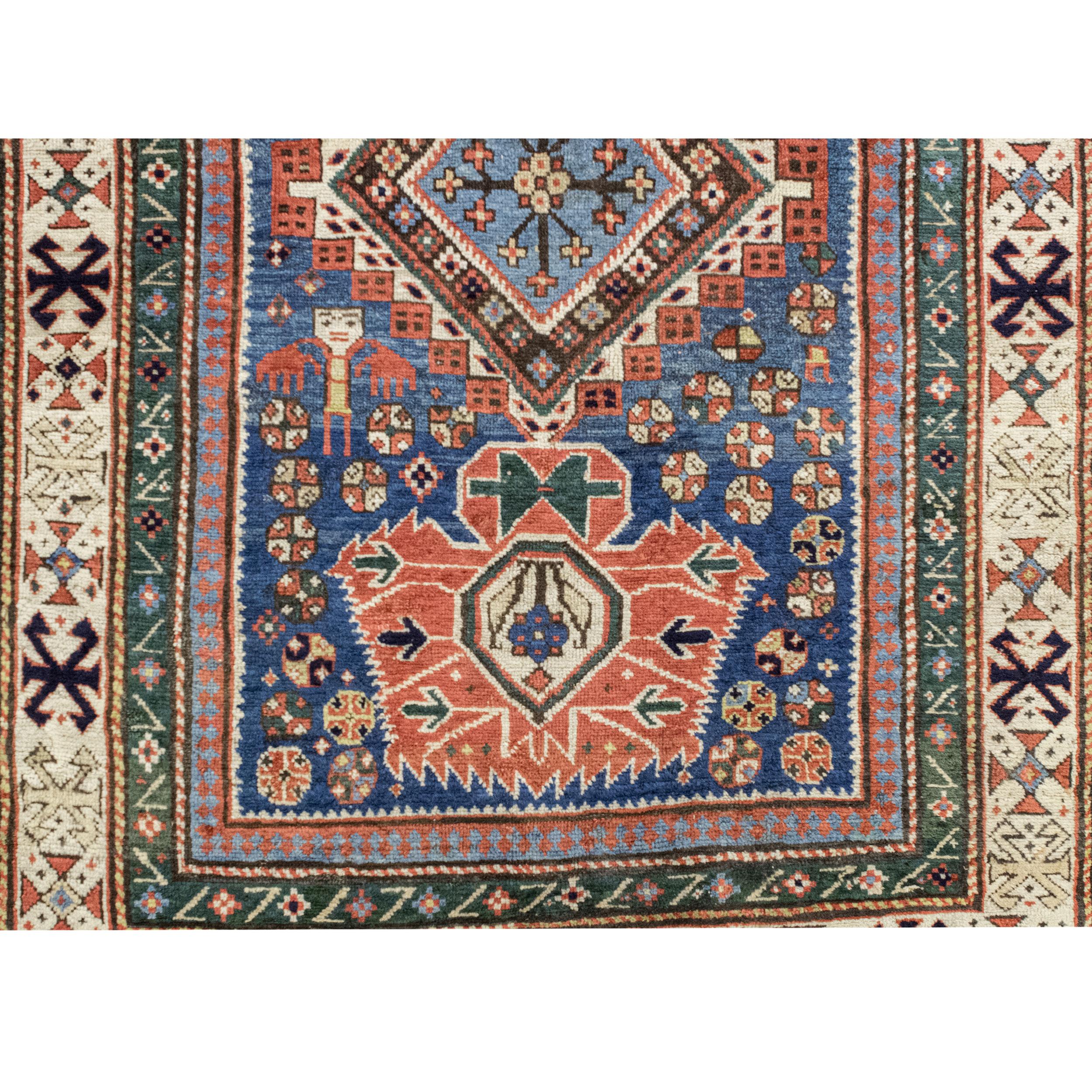 Antique Persian Fine Kazak Handwoven Luxury Wool Light Blue/Ivory Runner For Sale 1