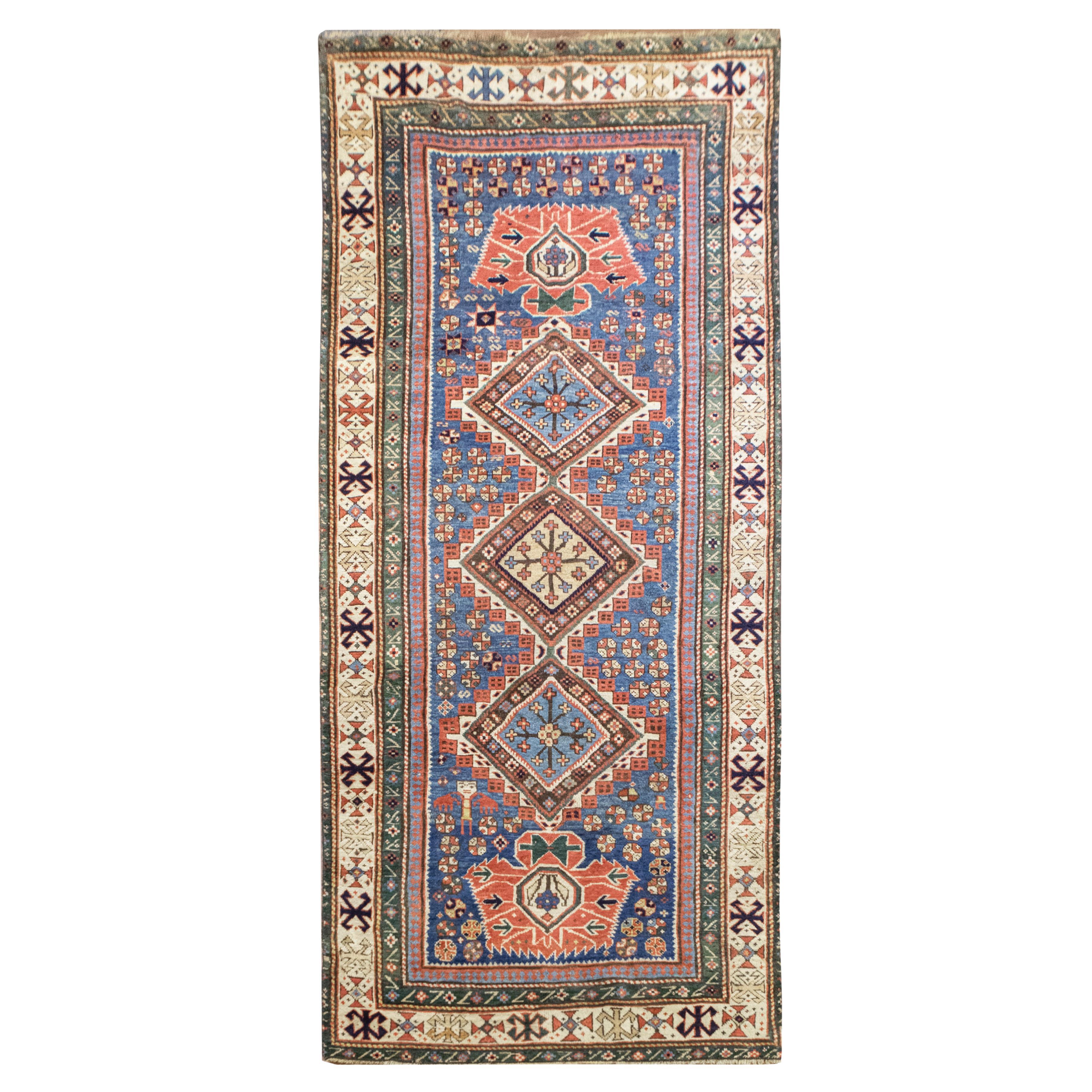 Tapis de couloir de luxe en laine fine persane antique tissée à la main bleu clair/ivoire