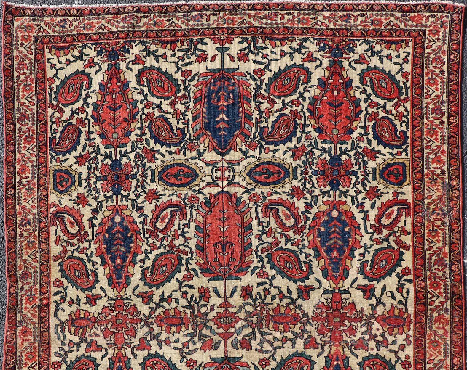 Antique Persian Fine Sanneh Malayer Rug with All-Over Design in Ivory, Red, Blue For Sale 4