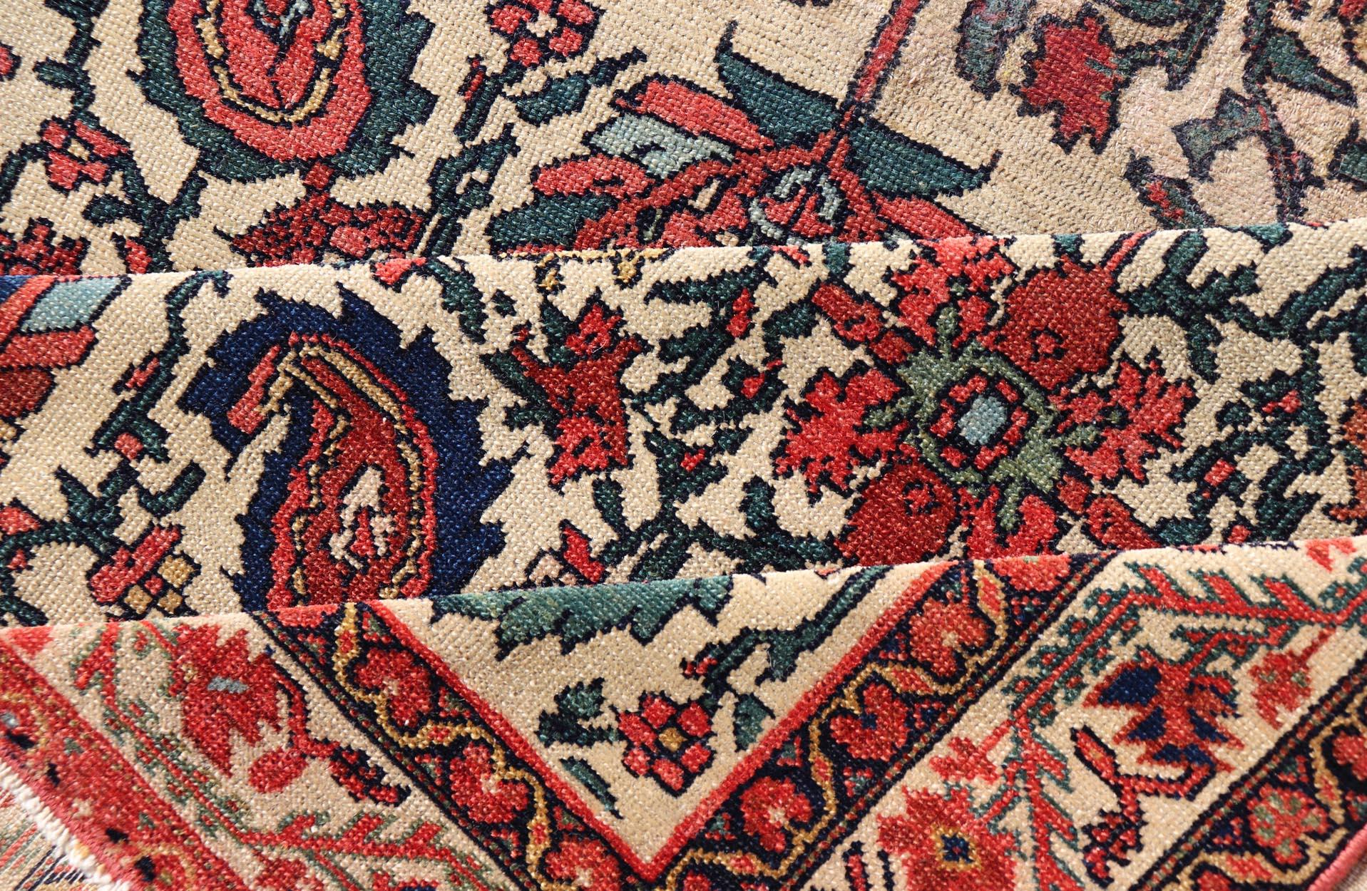 Antique Persian Fine Sanneh Malayer Rug with All-Over Design in Ivory, Red, Blue For Sale 5