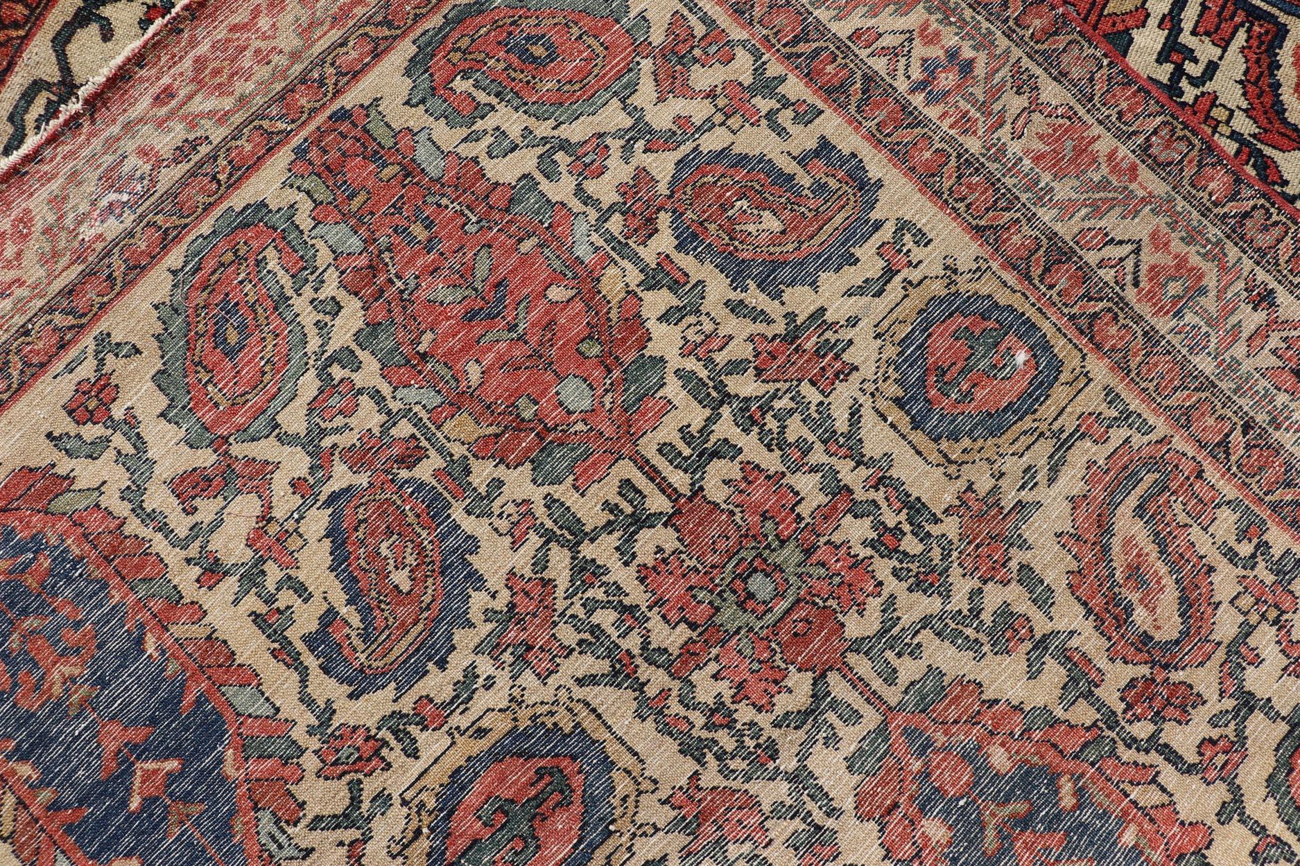Antique Persian Fine Sanneh Malayer Rug with All-Over Design in Ivory, Red, Blue For Sale 6