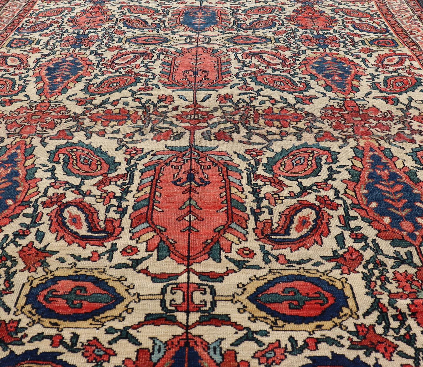 Early 20th Century Antique Persian Fine Sanneh Malayer Rug with All-Over Design in Ivory, Red, Blue For Sale