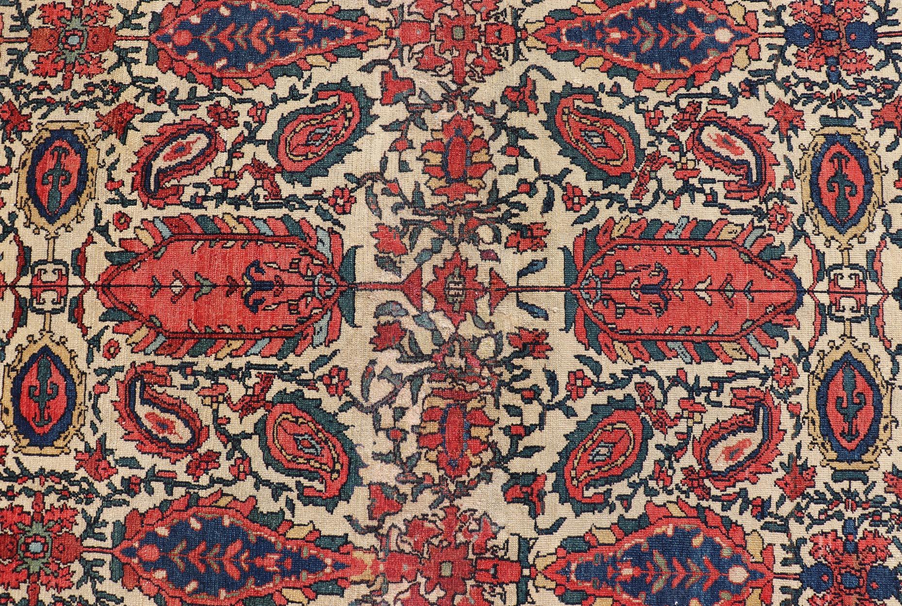 Antique Persian Fine Sanneh Malayer Rug with All-Over Design in Ivory, Red, Blue For Sale 3