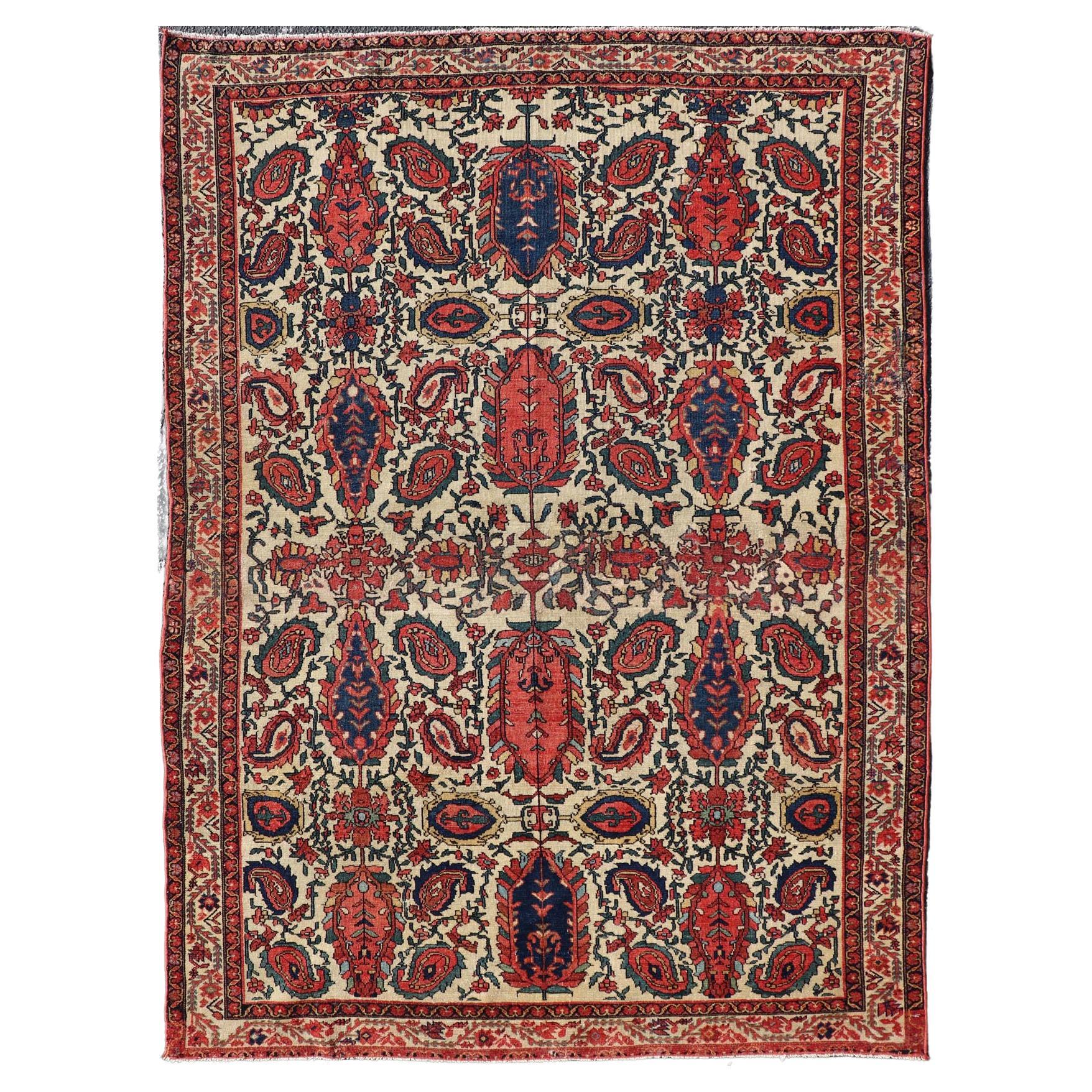 Antique Persian Fine Sanneh Malayer Rug with All-Over Design in Ivory, Red, Blue