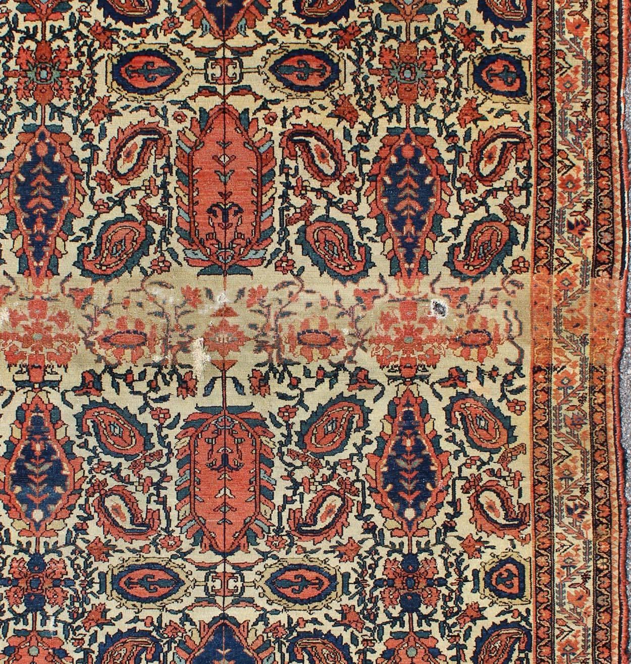 Antique Persian Fine Mission Malayer Rug in Ivory, Red, Blue,  Brown In Fair Condition For Sale In Atlanta, GA