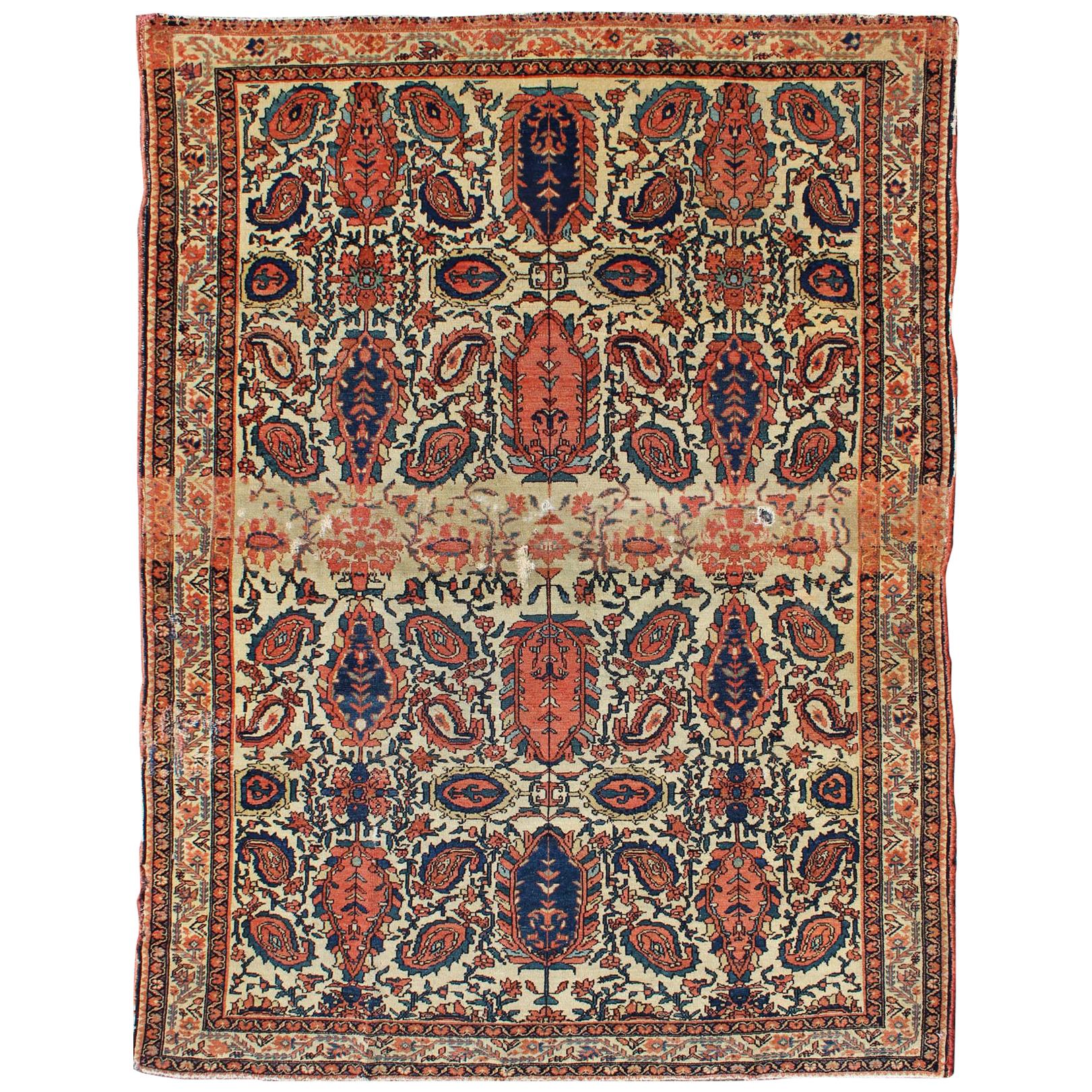 Antiker persischer Malayer-Teppich der feinen Mission in Elfenbein, Rot, Blau,  Braun