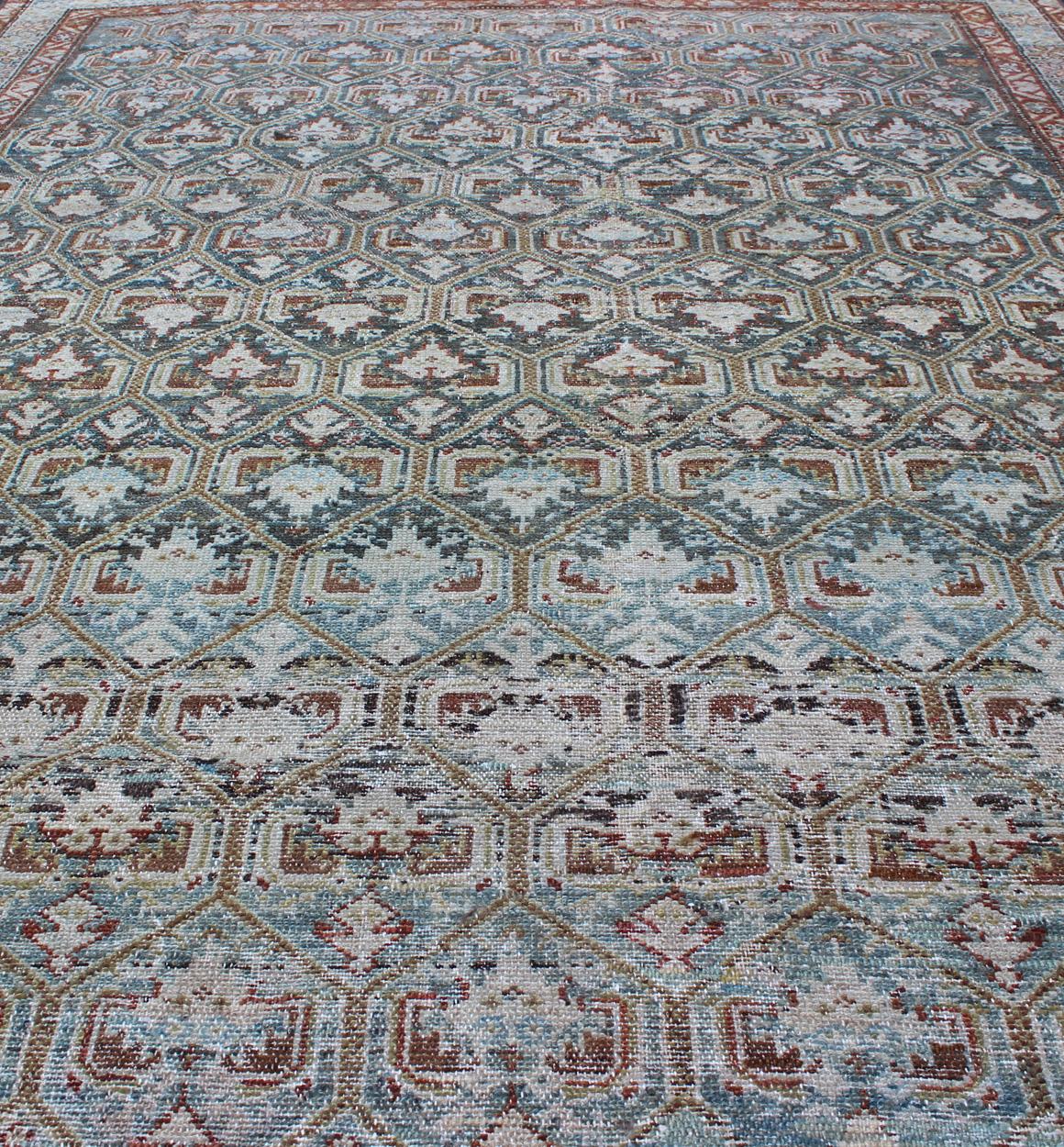 Antique Persian Fine Senneh Distressed Rug with All-Over Geometric Design 3