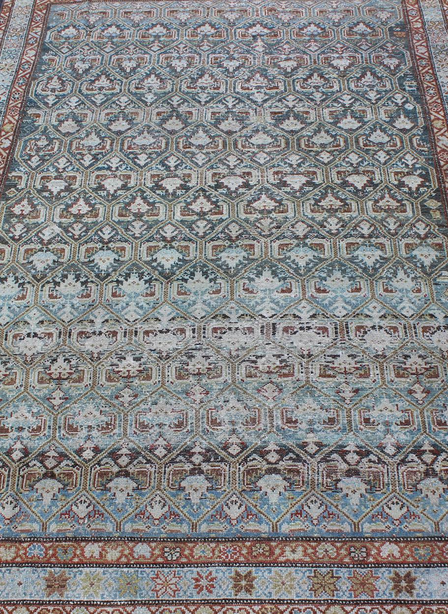 Antique Persian Fine Senneh Distressed Rug with All-Over Geometric Design 4