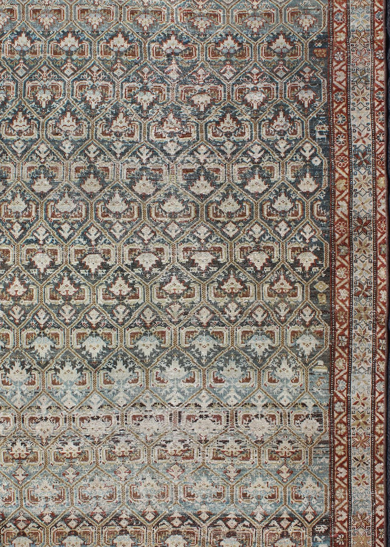 Hand-Knotted Antique Persian Fine Senneh Distressed Rug with All-Over Geometric Design