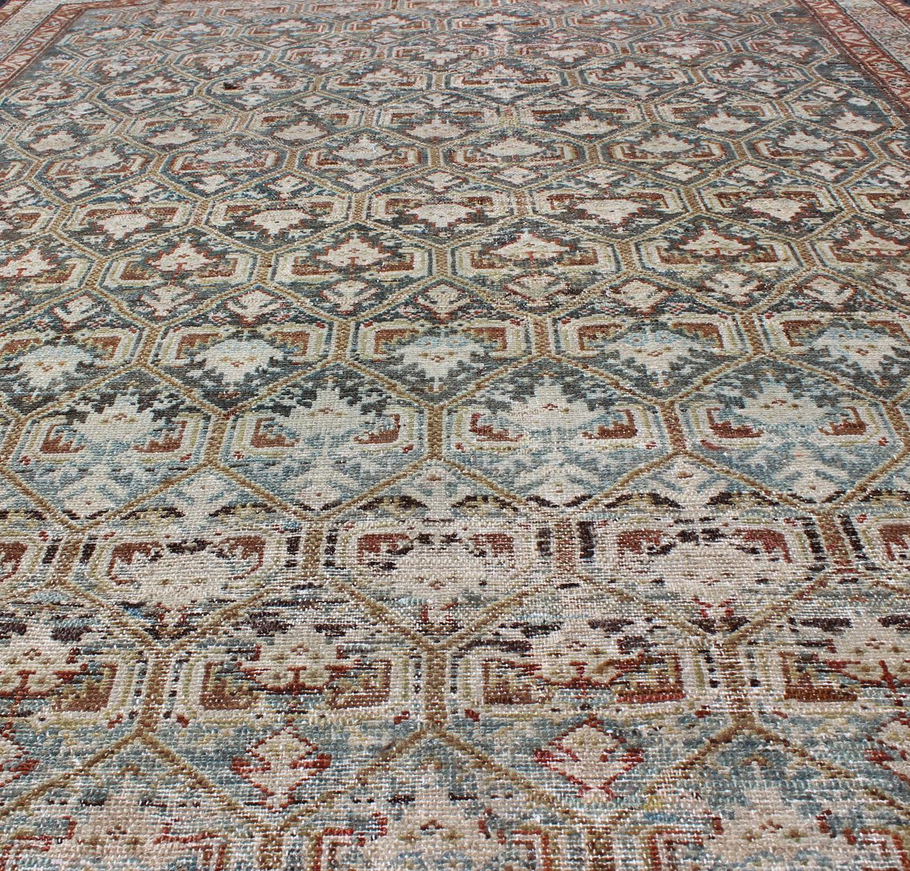 Wool Antique Persian Fine Senneh Distressed Rug with All-Over Geometric Design