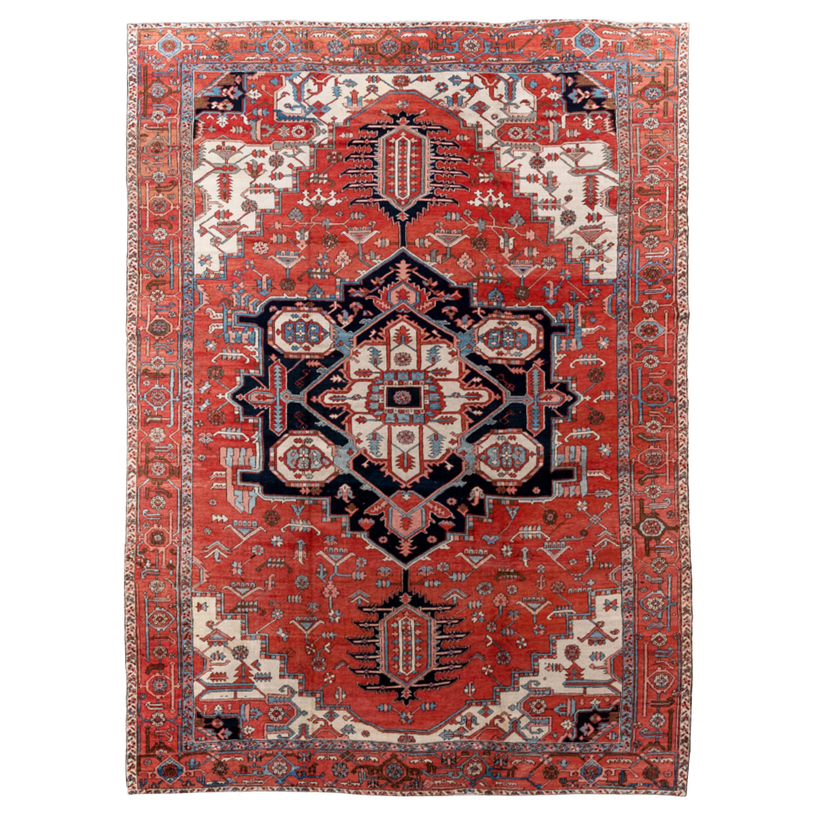 Tapis persan ancien Serapi en laine rouge de luxe tissé à la main de 11'-4" X 15'-5" Taille