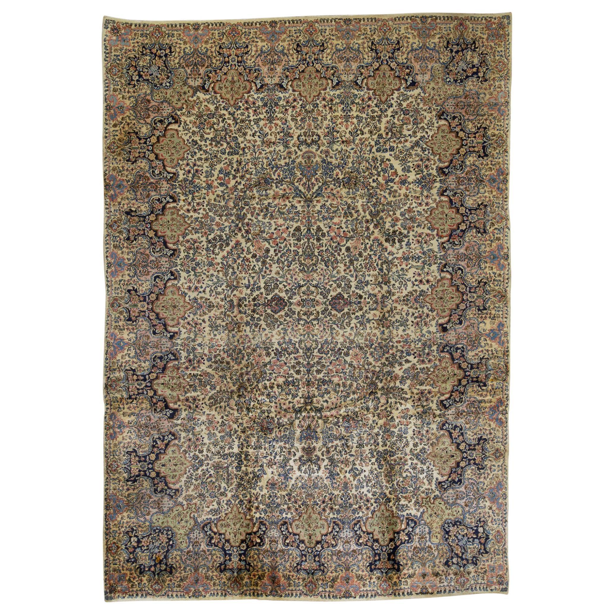 Antique Persian Fine Traditional Handwoven Luxury Wool Ivory / Navy Rug For Sale
