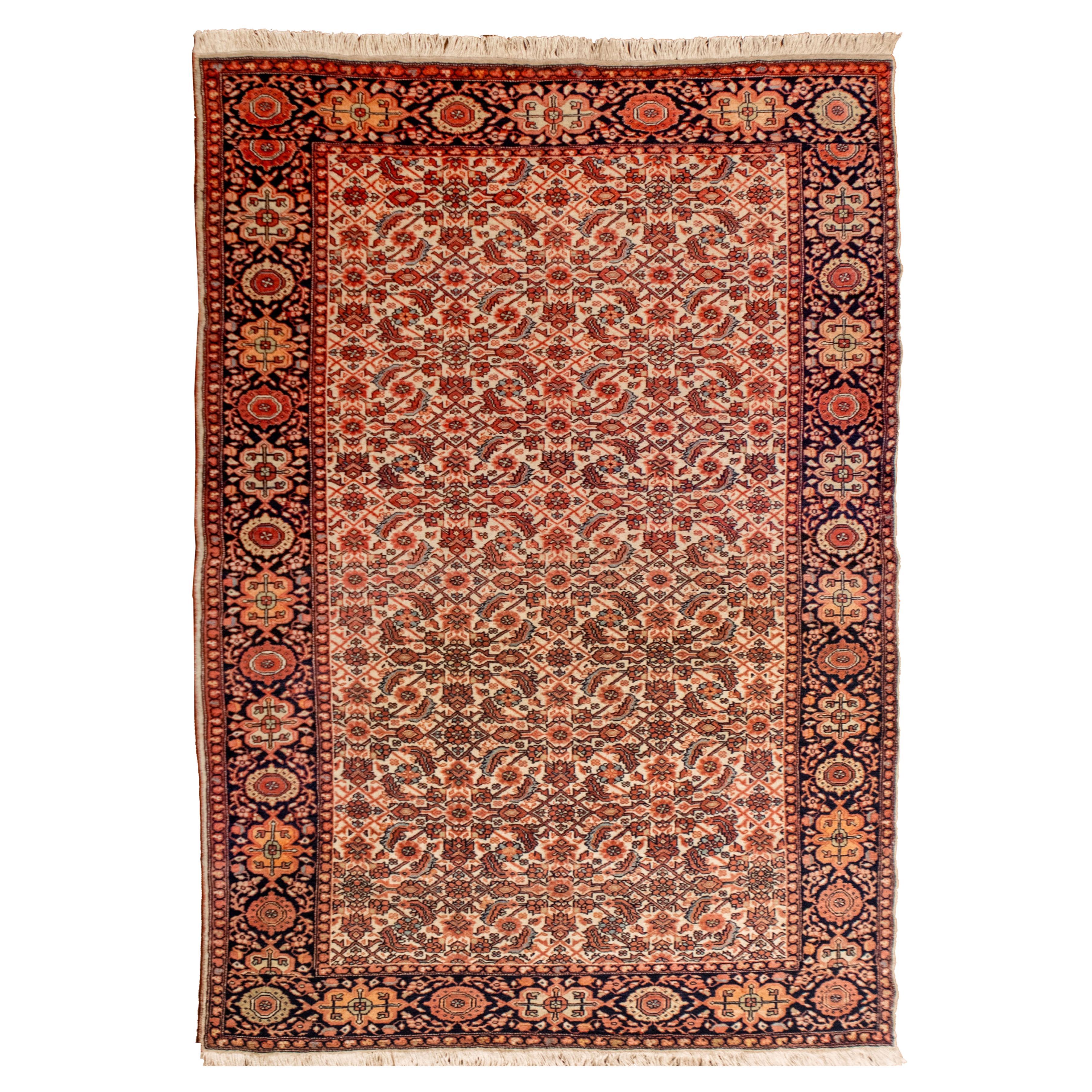 Antique Persian Fine Traditional Handwoven Luxury Wool Ivory/Navy Rug For Sale