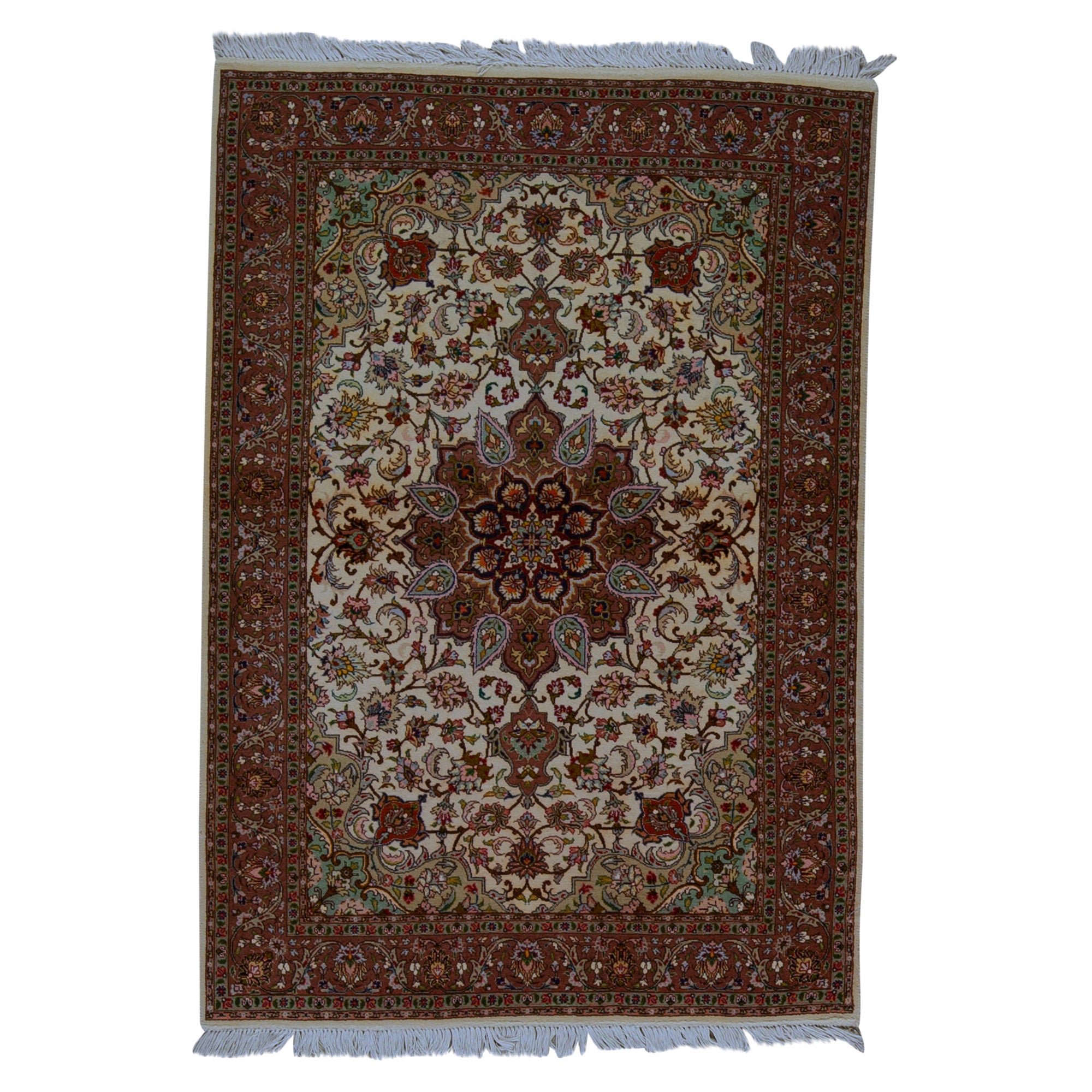 Antique tapis persan traditionnel tissé à la main de luxe en laine ivoire/rouge en vente
