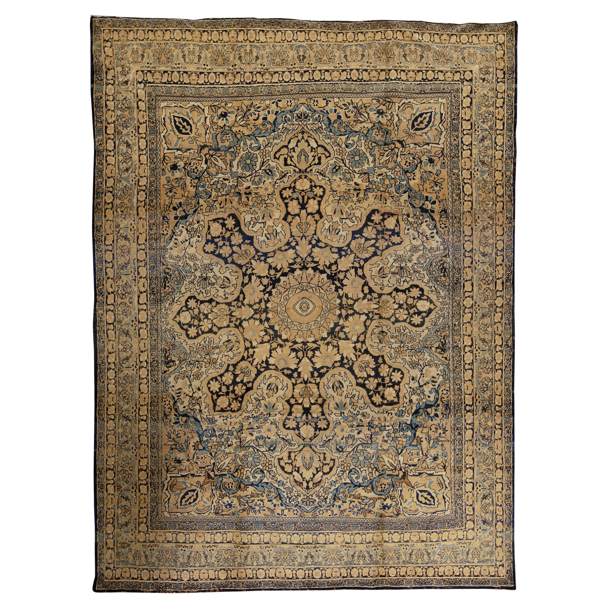 Tapis persan ancien de luxe en laine traditionnelle tissée à la main bleu marine et ivoire