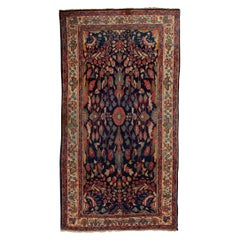   Tapis persan ancien de luxe en laine traditionnelle tissée à la main bleu marine et ivoire