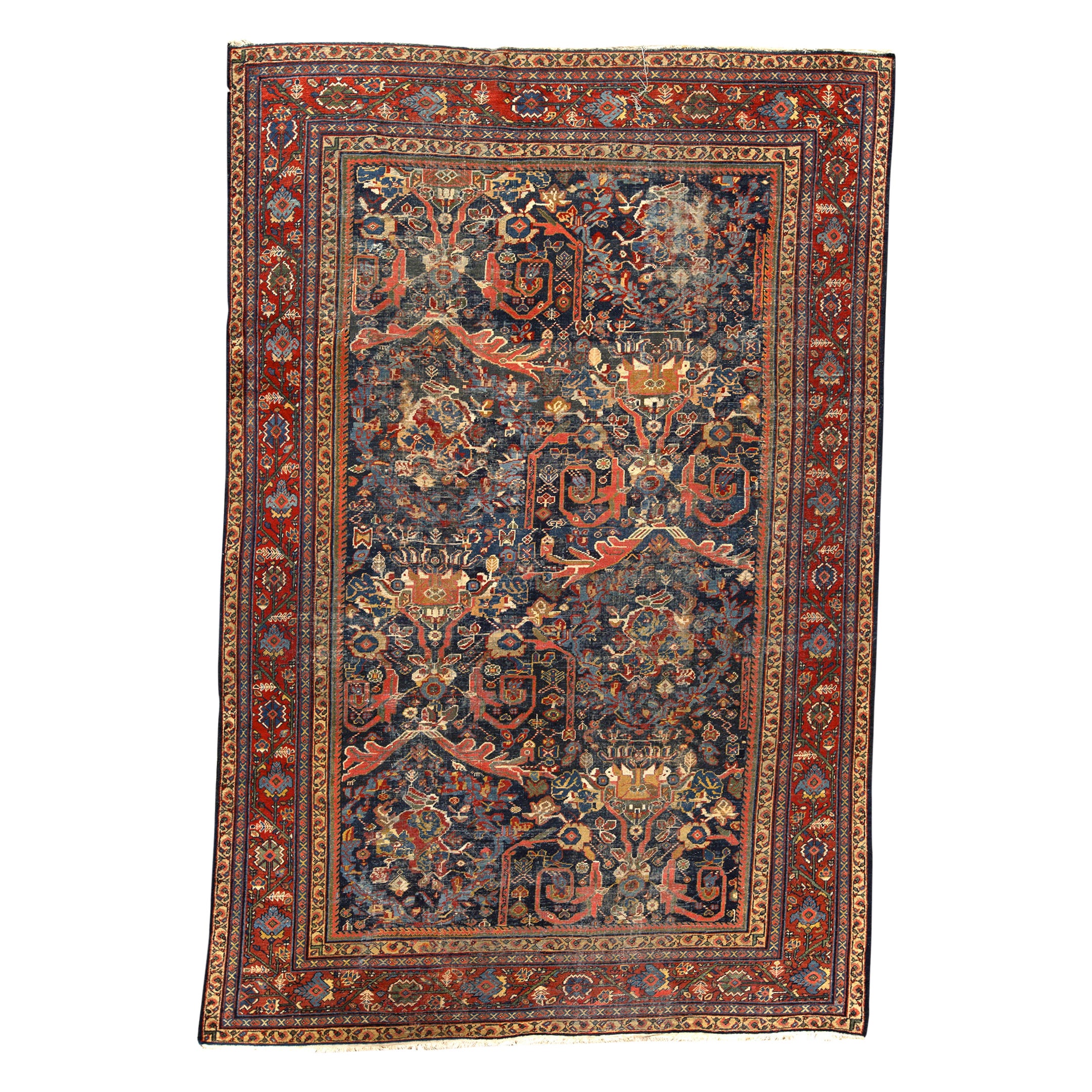 Antiker Persischer Feiner Traditioneller Handgewebter Luxus Wollteppich Marine / Rose