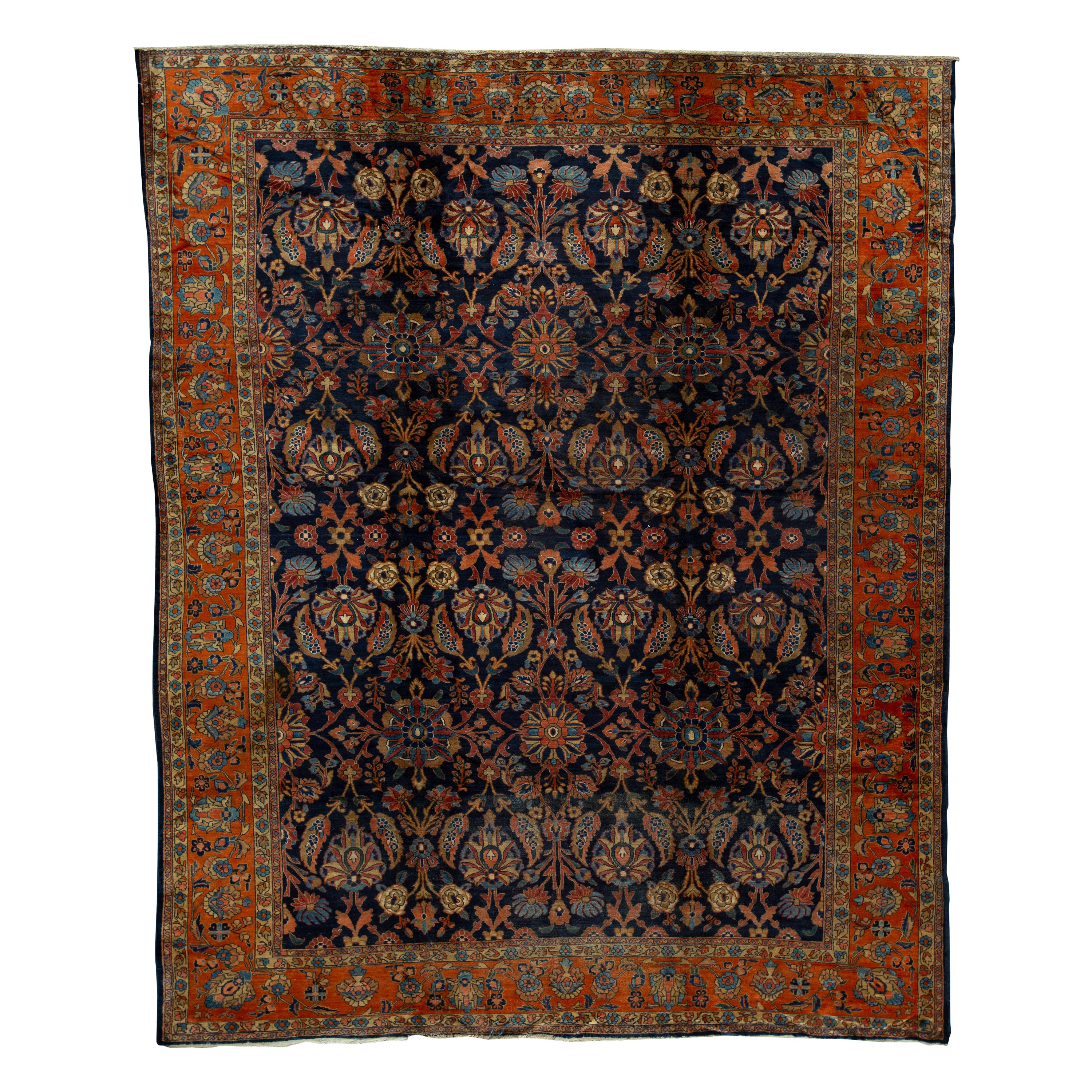 Ancien tapis persan traditionnel tissé à la main de luxe en laine bleu marine/rouge