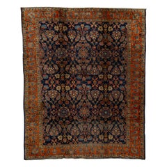 Ancien tapis persan traditionnel tissé à la main de luxe en laine bleu marine/rouge