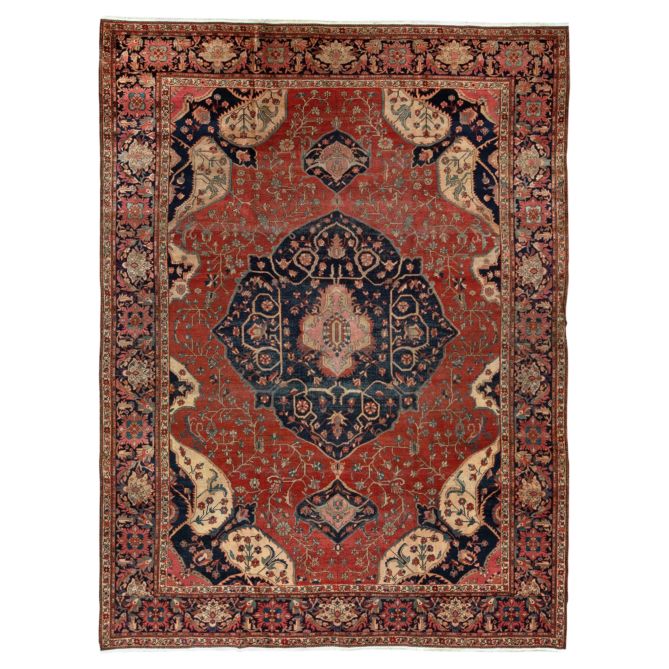 Ancien tapis persan traditionnel tissé à la main de luxe en laine rouge/bleu marine