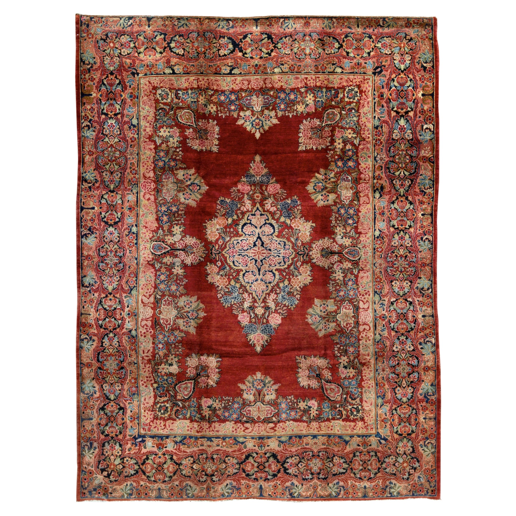 Ancien tapis persan traditionnel tissé à la main de luxe en laine rouge/bleu marine en vente
