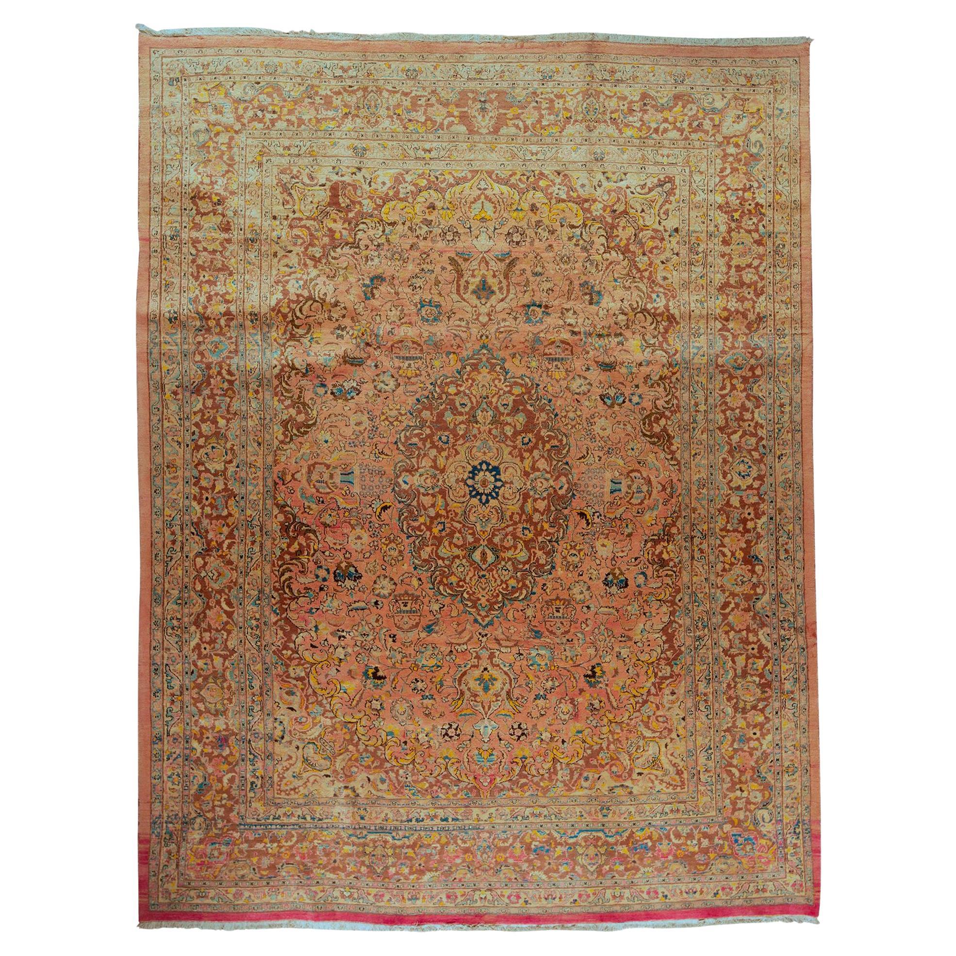 Antique Persian Fine Traditional Handwoven Luxury Wool Rose / Brown Rug For Sale