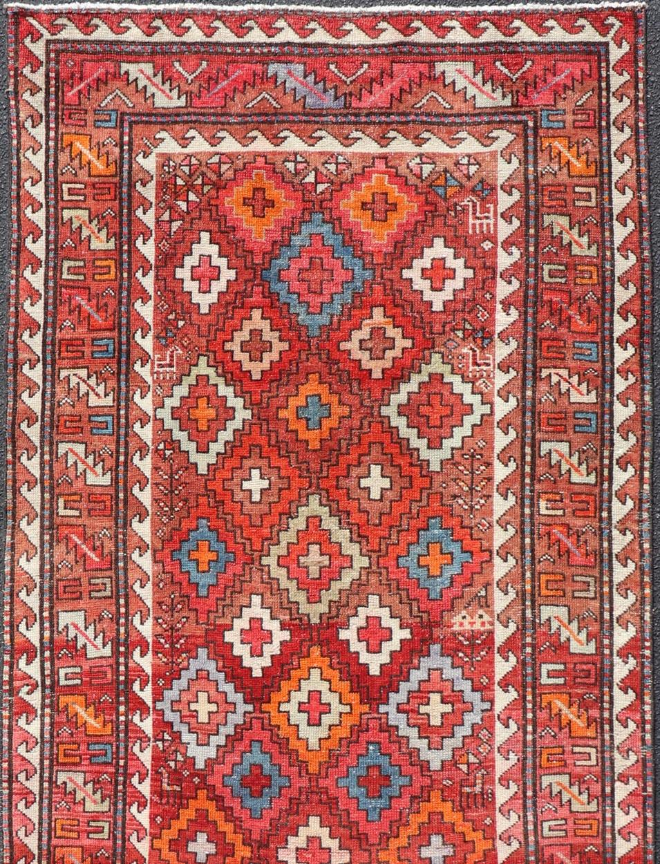 Hand-Knotted Antique Persian Fine Weave Hamadan Gallery Rug in Multi Colors in Tribal Design For Sale