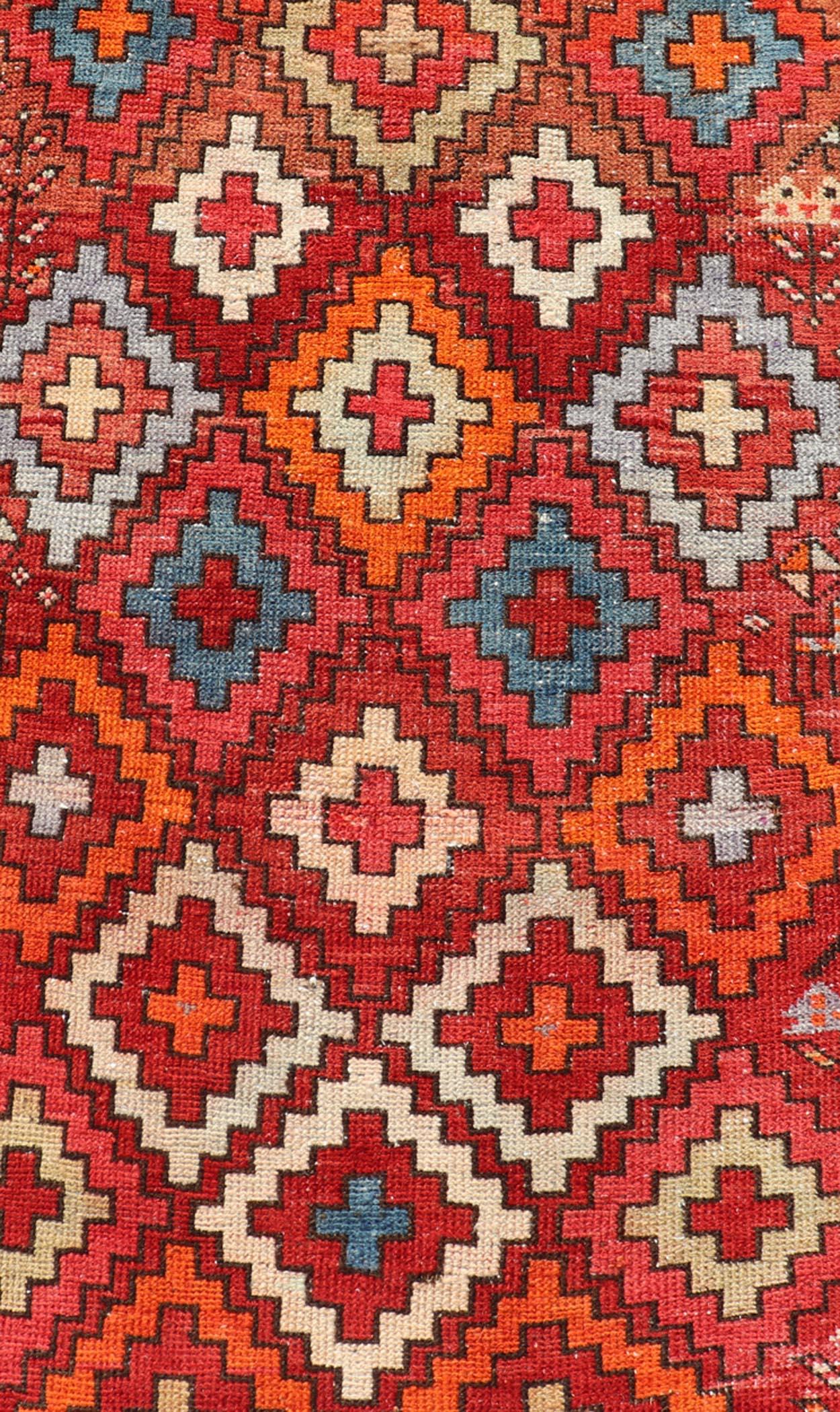 Wool Antique Persian Fine Weave Hamadan Gallery Rug in Multi Colors in Tribal Design For Sale