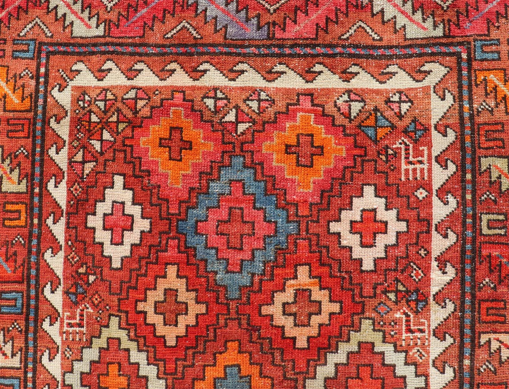 Antique Persian Fine Weave Hamadan Gallery Rug in Multi Colors in Tribal Design For Sale 1