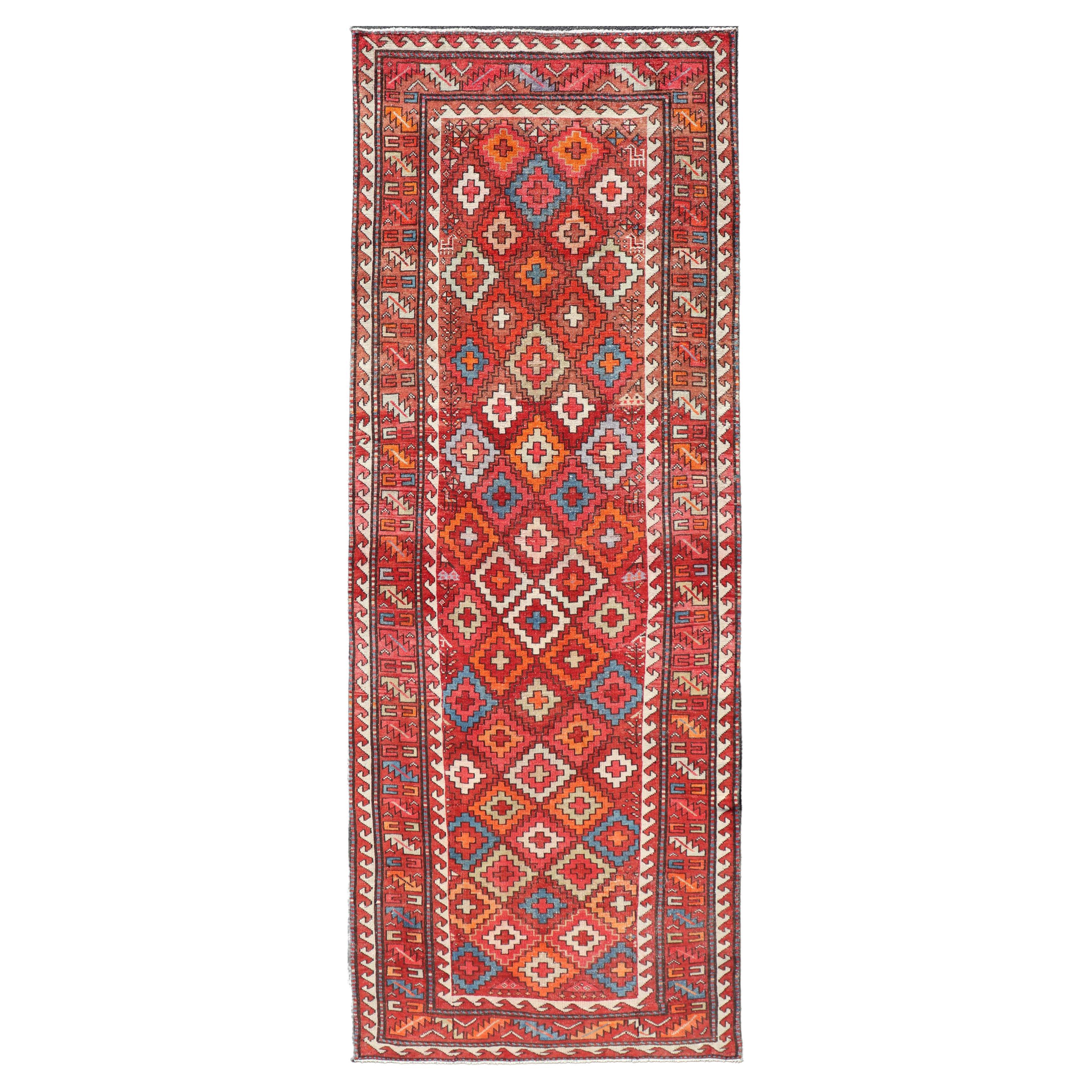 Antique Persian Fine Weave Hamadan Gallery Rug in Multi Colors in Tribal Design