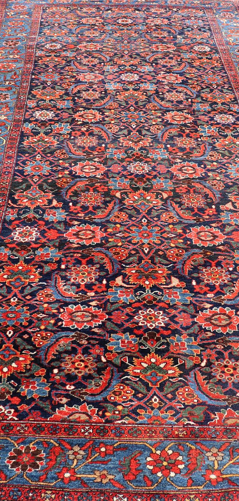 Antique Persian Fine Weave Hamadan Gallery Rug in Red, Blue, Green and Ivory For Sale 3