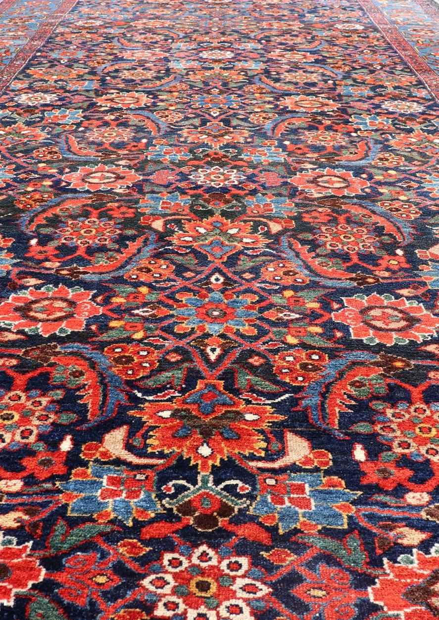 Antique Persian Fine Weave Hamadan Gallery Rug in Red, Blue, Green and Ivory For Sale 4