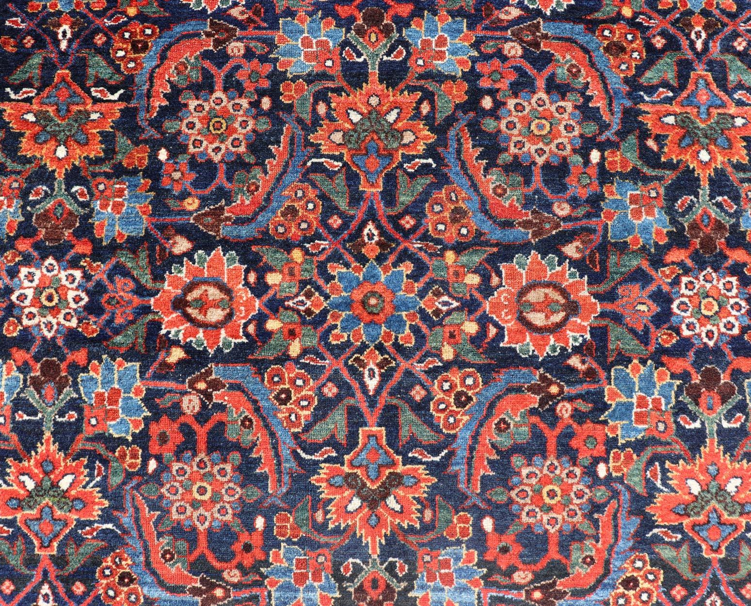 Antique Persian Fine Weave Hamadan Gallery Rug in Red, Blue, Green and Ivory For Sale 5
