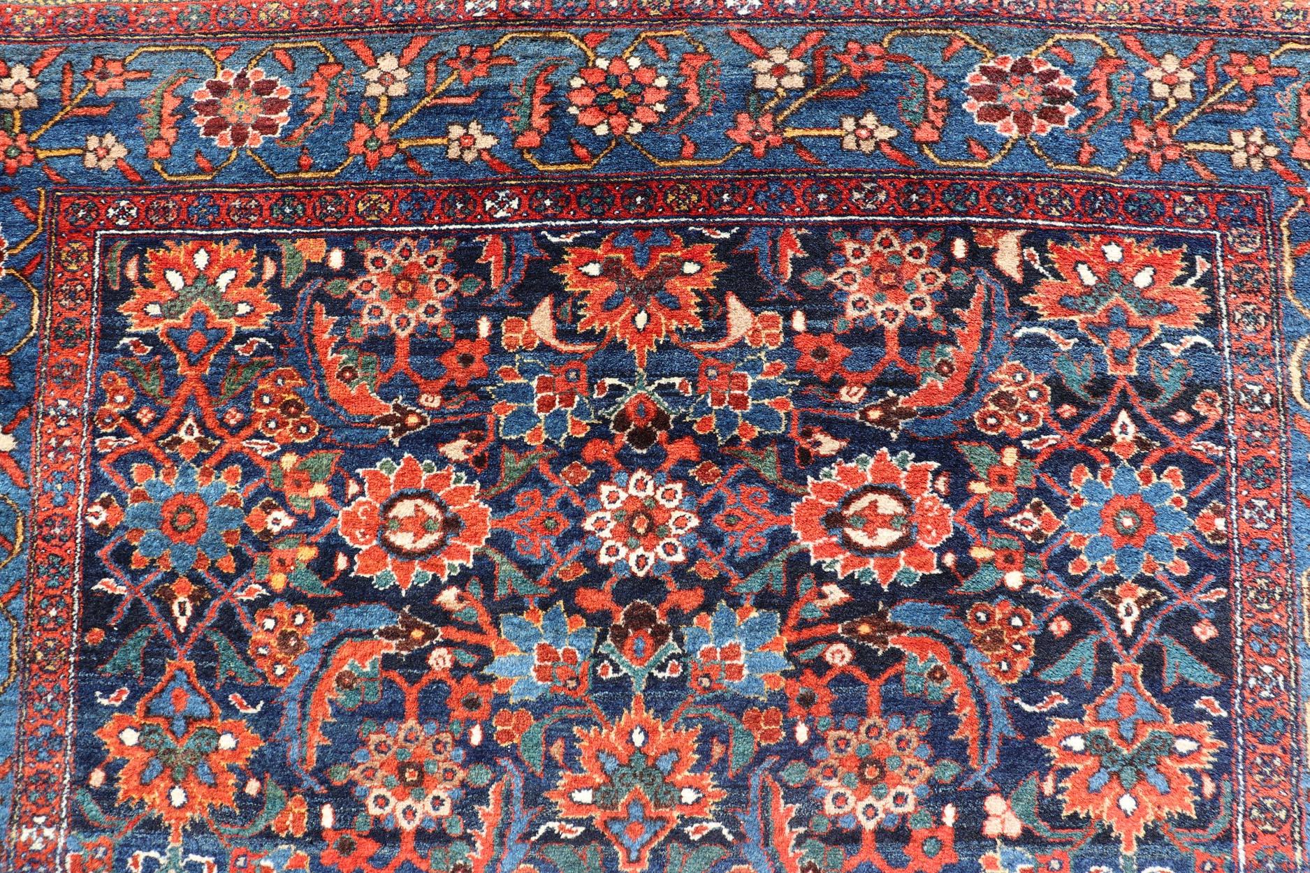Antique Persian Fine Weave Hamadan Gallery Rug in Red, Blue, Green and Ivory For Sale 6