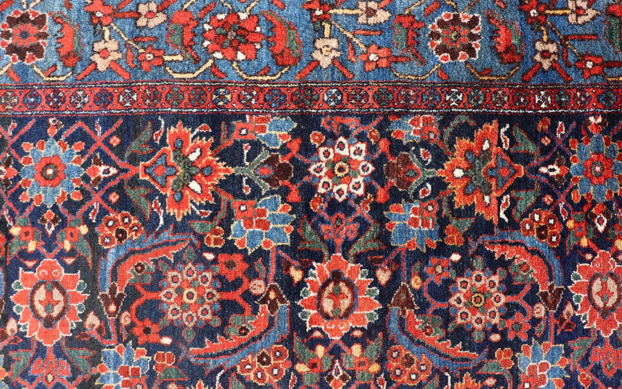 Antique Persian Fine Weave Hamadan Gallery Rug in Red, Blue, Green and Ivory For Sale 7