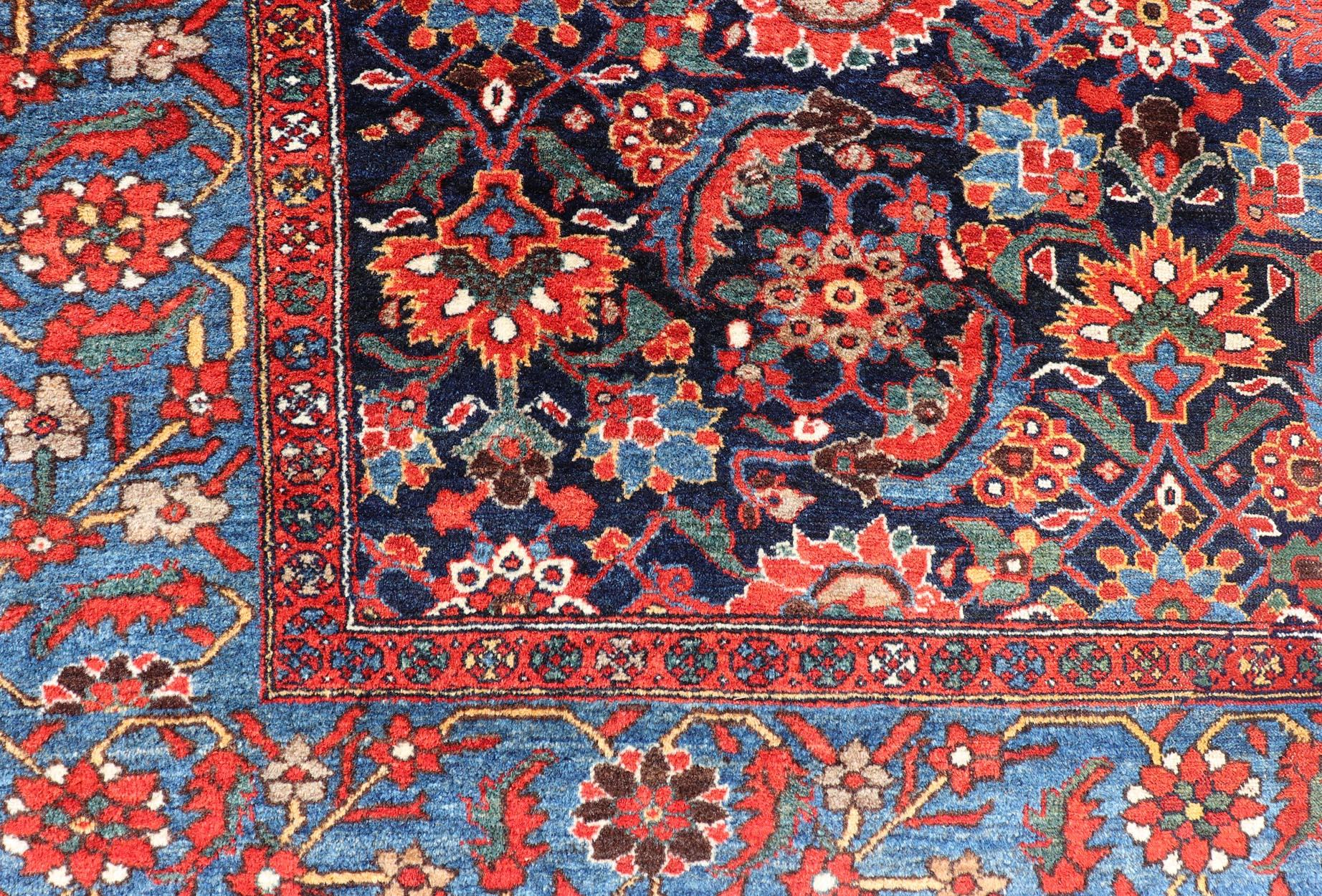 Antique Persian Fine Weave Hamadan Gallery Rug in Red, Blue, Green and Ivory For Sale 8