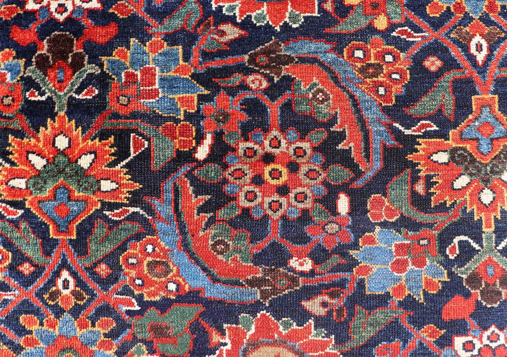 Antique Persian Fine Weave Hamadan Gallery Rug in Red, Blue, Green and Ivory For Sale 9
